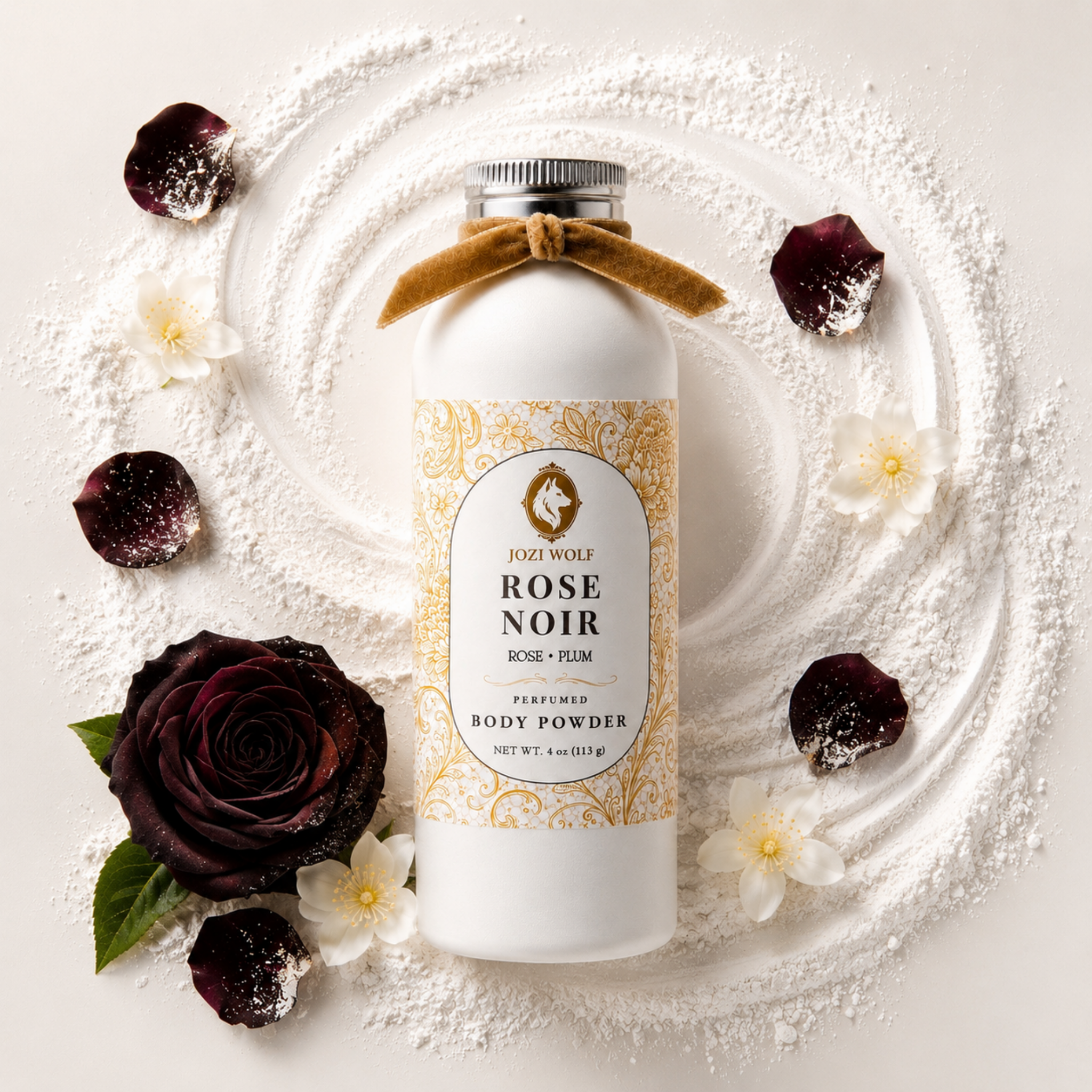 Perfumed body powder bottle, Rose Noir label, tan ribbon bow.