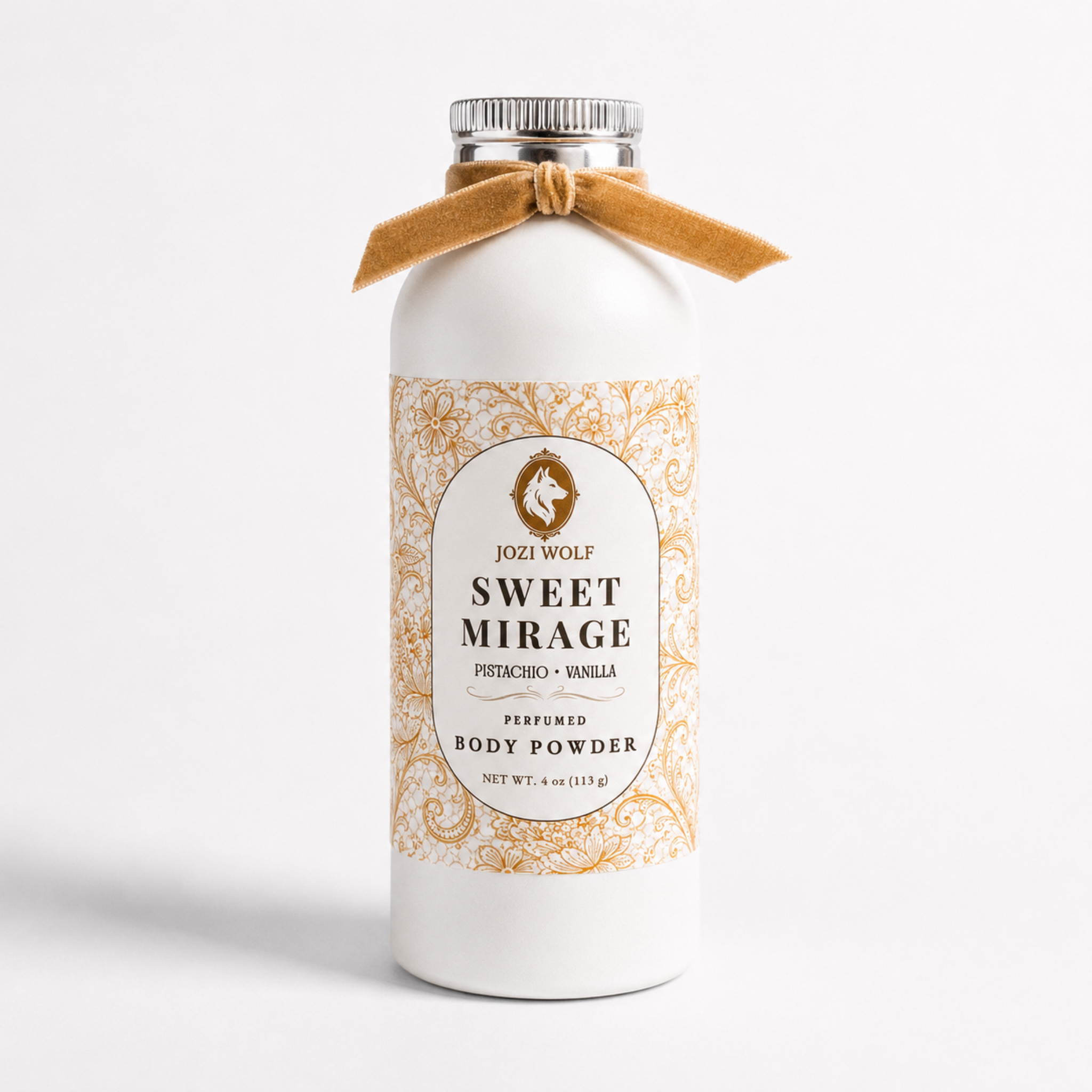 Perfumed body powder bottle with Sweet Mirage label and tan ribbon bow, white bottle