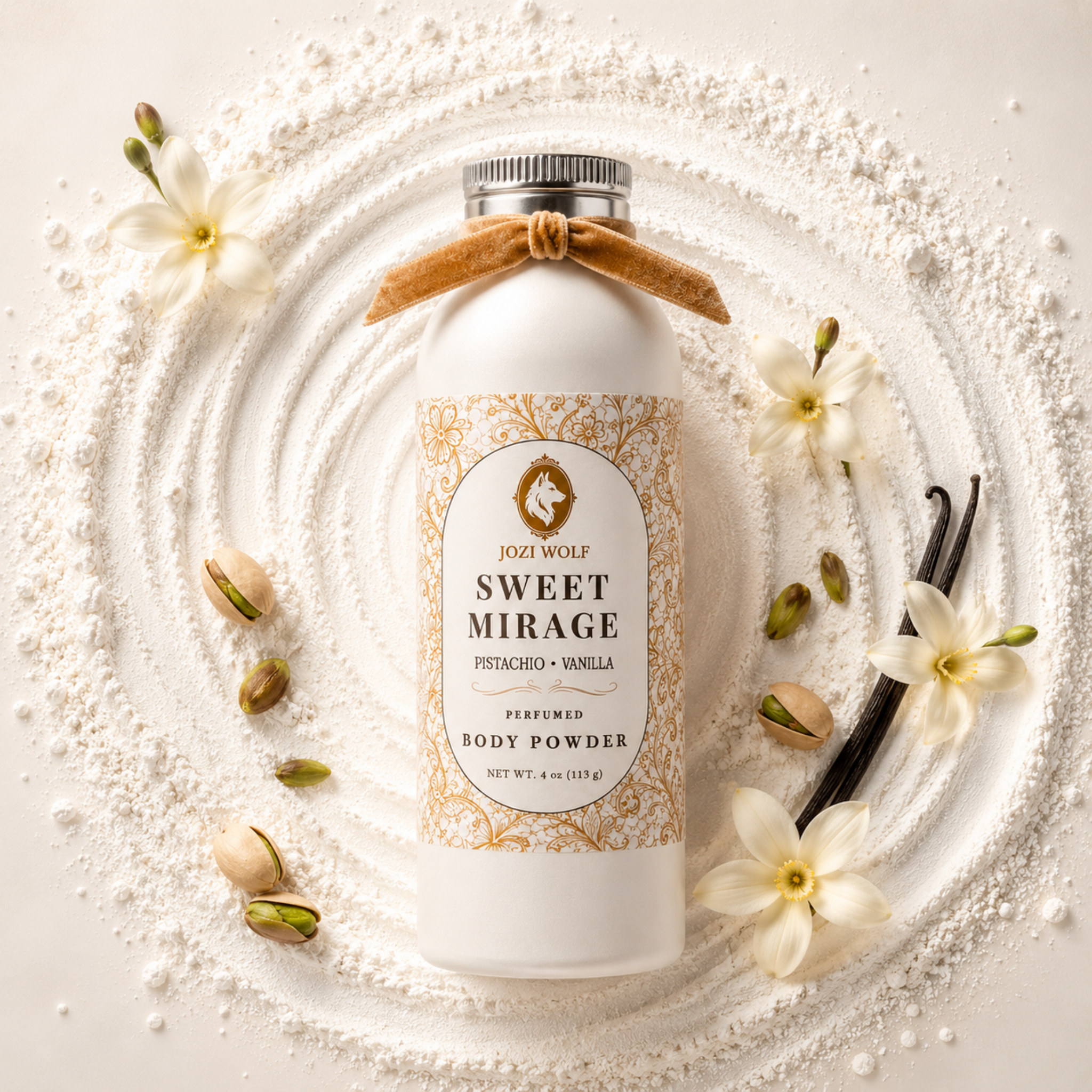 Perfumed body powder bottle with Sweet Mirage label, pistachio & vanilla, tan bow