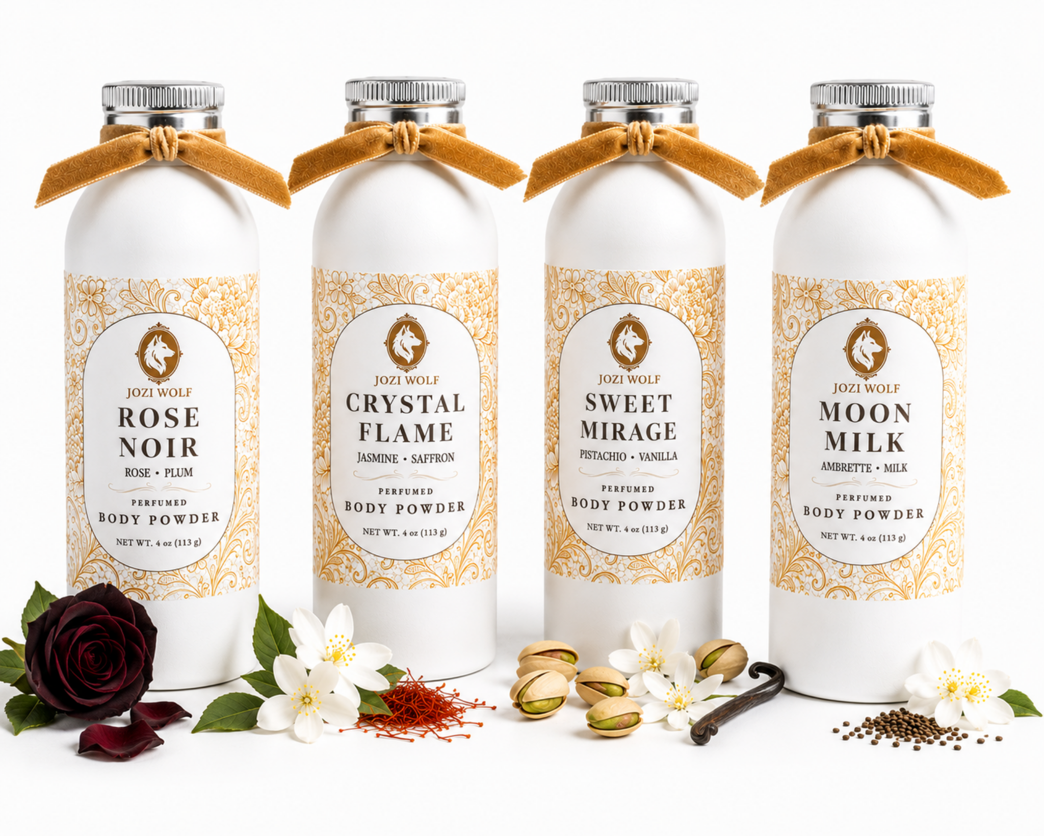 Assorted perfumed body powder bottles with tan ribbon bows and illustrated labels