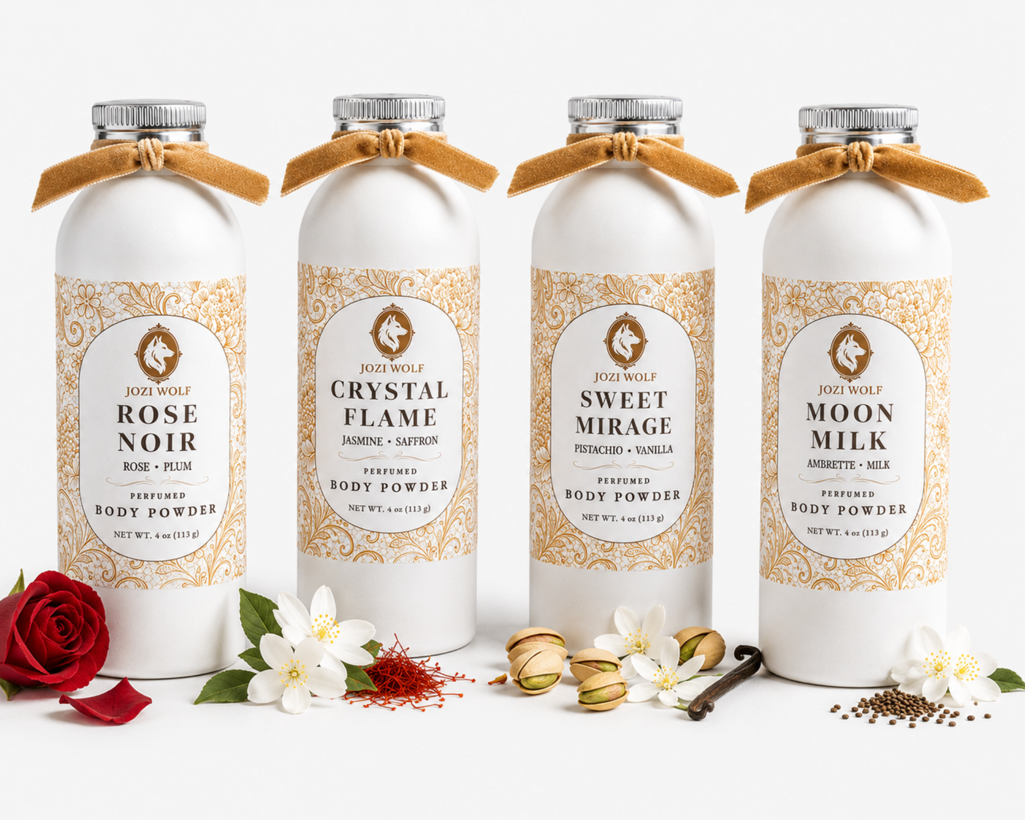 Perfumed body powder bottles with tan ribbon bows, white bottles with gold floral labels