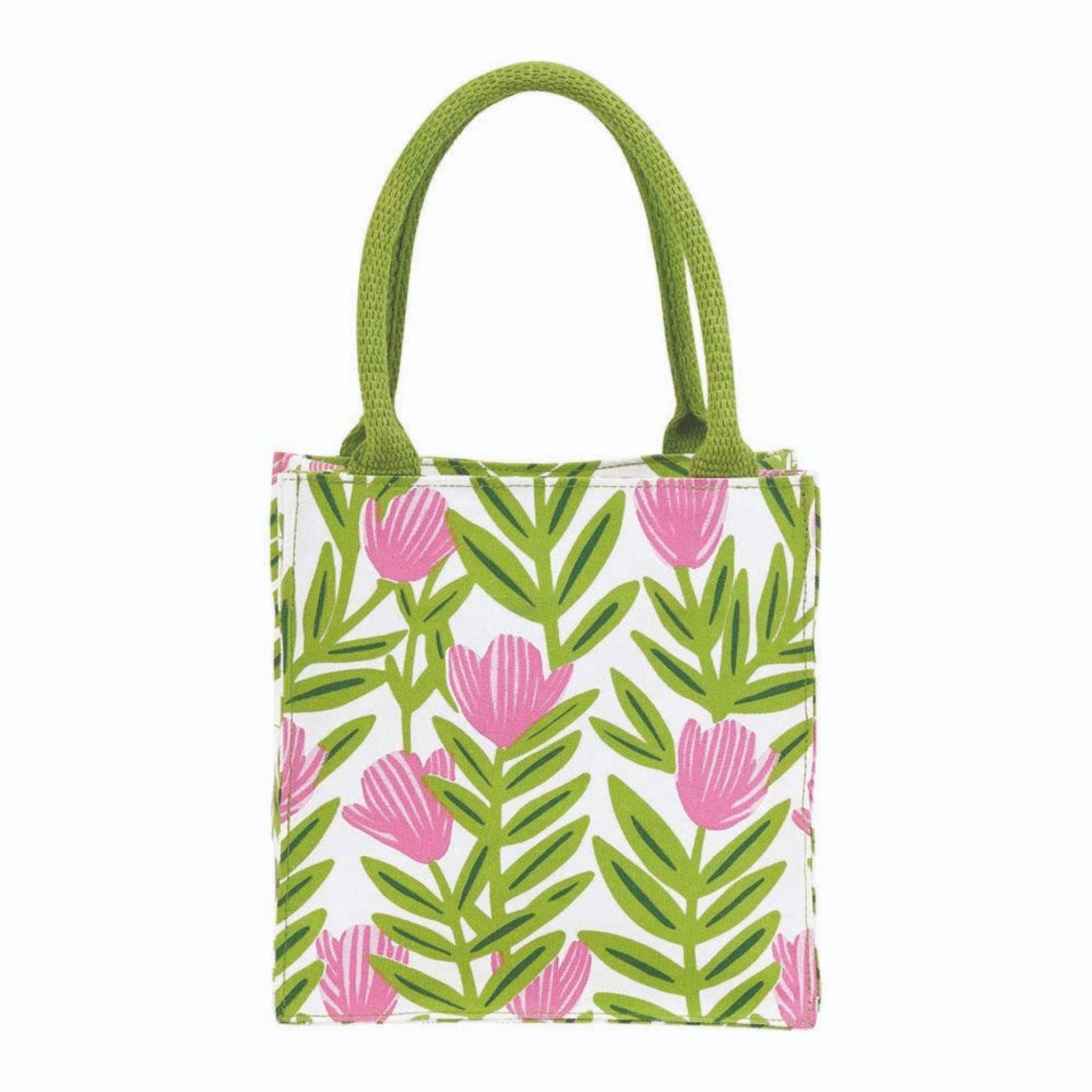 Reusable gift bag with pink tulip print, green leaves, and green fabric handles