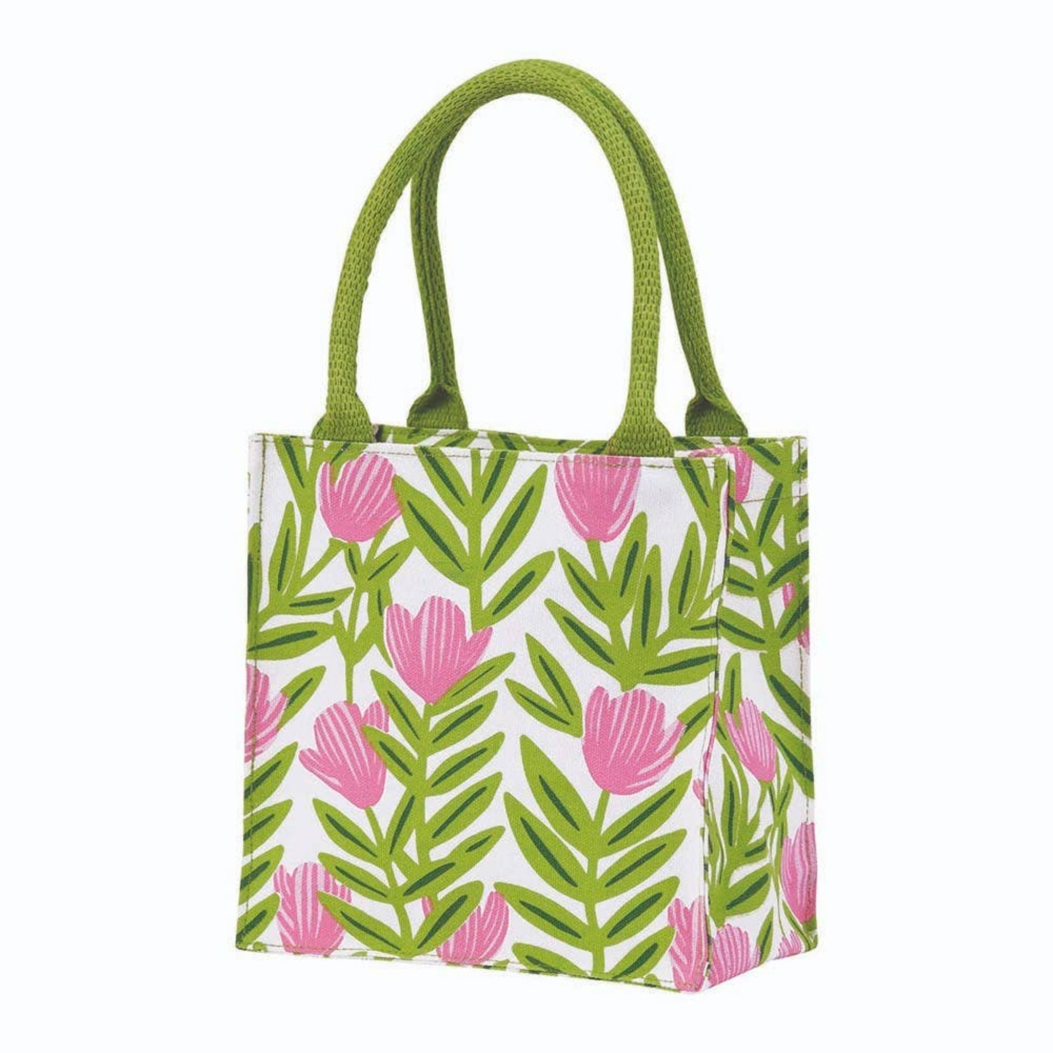 Reusable gift bag with pink flower and green leaf pattern, green handles