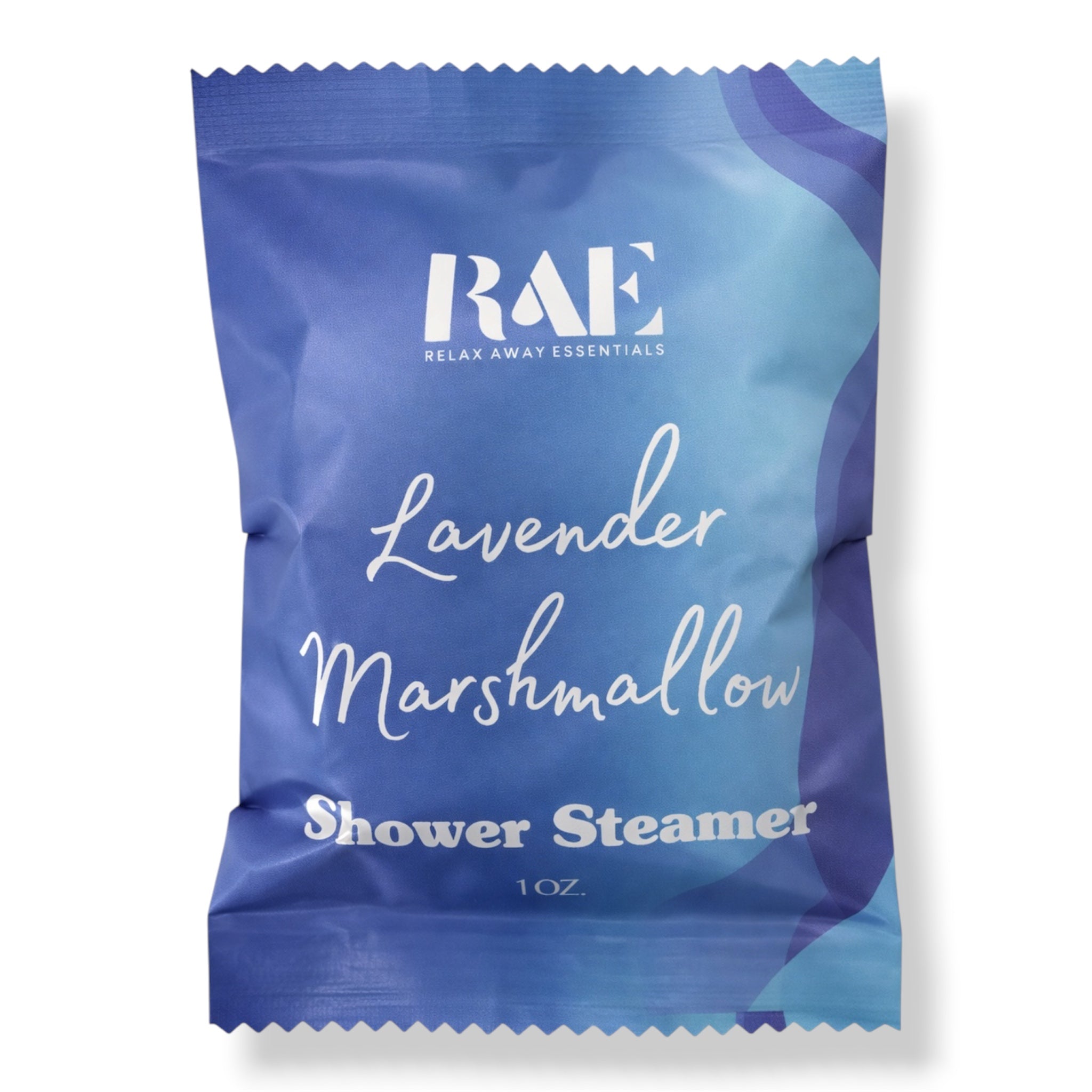 A single packet of RAE Relax Away Essentials Lavender Marshmallow Shower Steamer, 1 oz, on a clean white background.