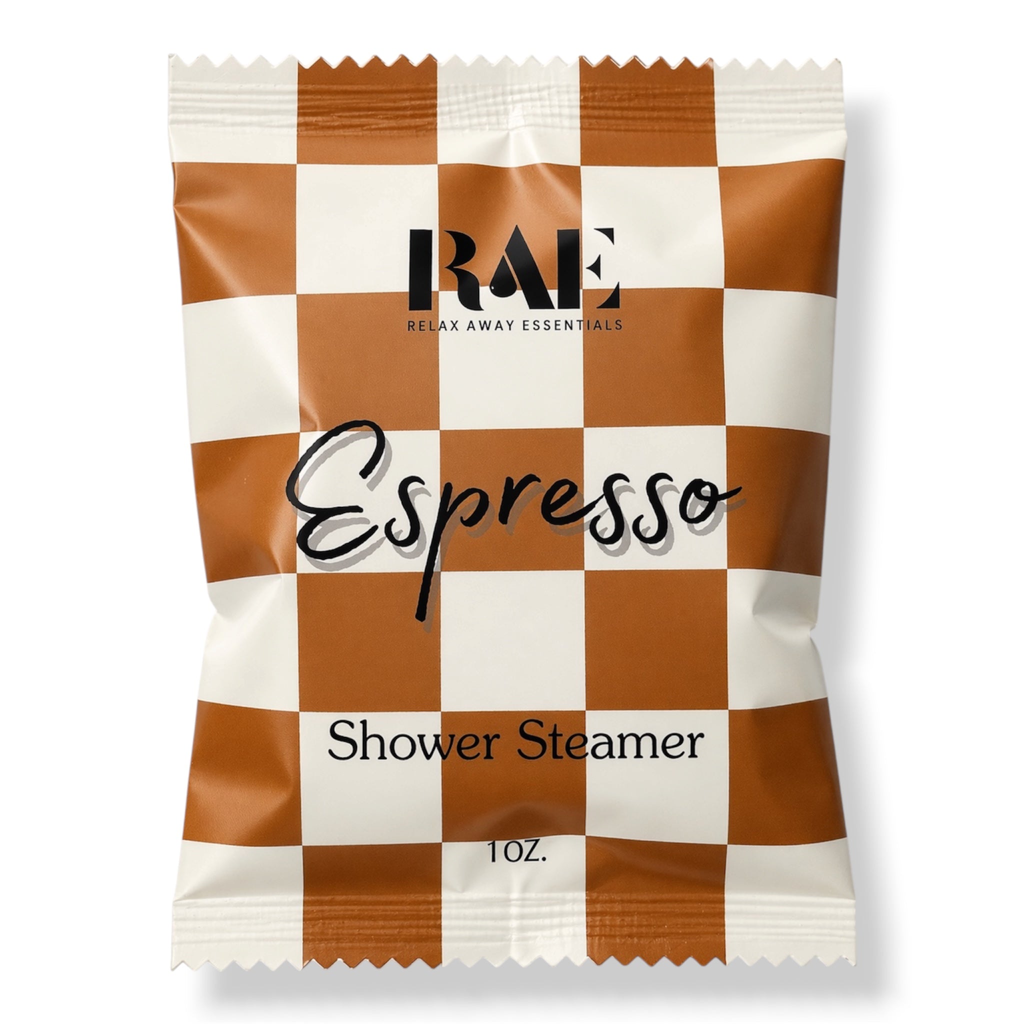 A single 1 oz shower steamer packet from RAE Relax Away Essentials, featuring an espresso-themed design with a brown and cream checkerboard pattern and the word 'Espresso' in black script.