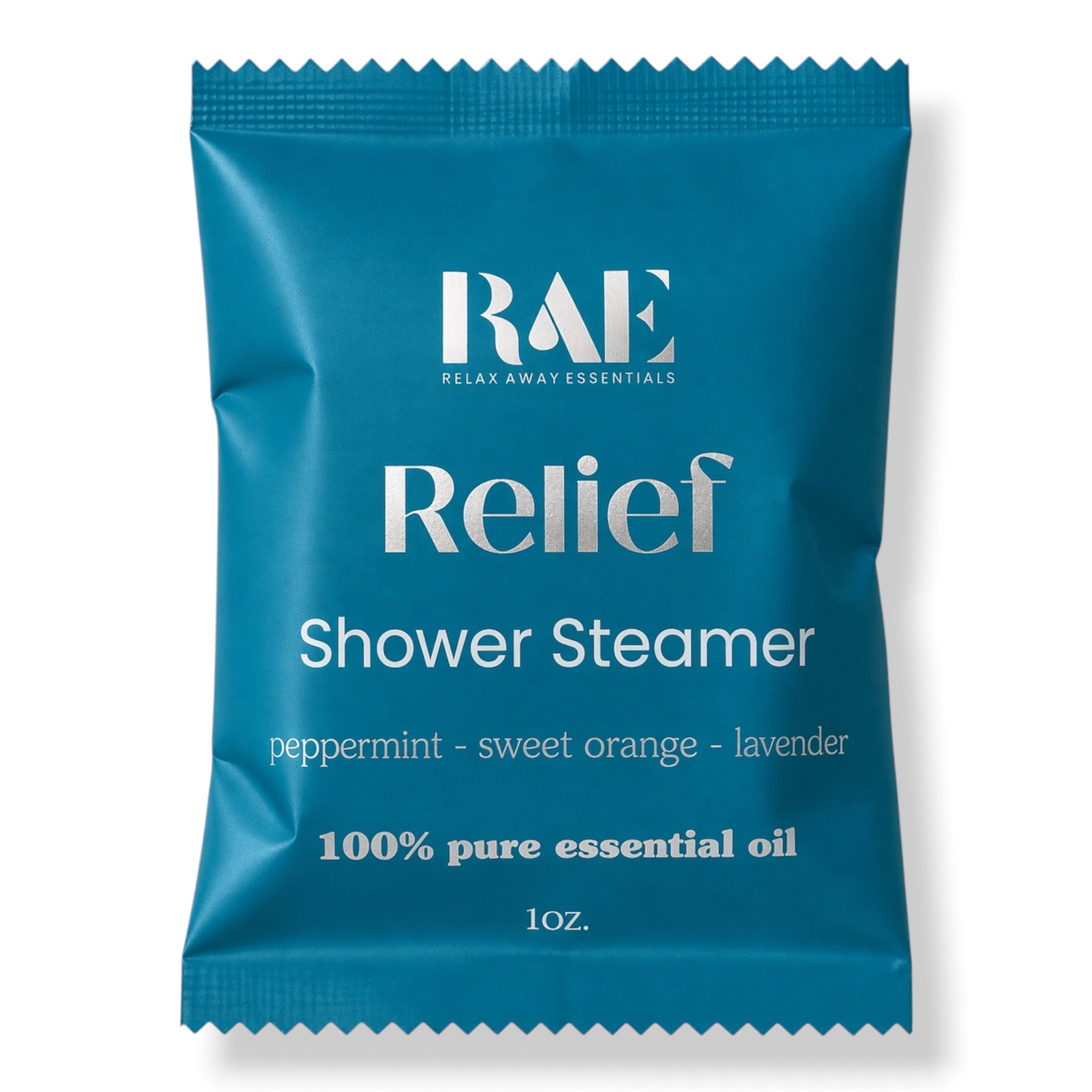A single blue RAE brand Relief Shower Steamer packet on a white background. The packet is labeled 'peppermint - sweet orange - lavender' and '100% pure essential oil' with a 1 oz.