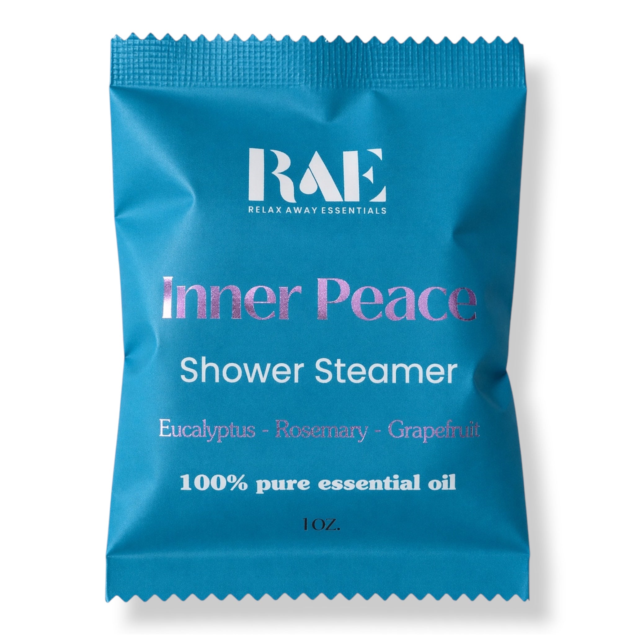 A single blue packet of RAE Inner Peace Shower Steamer on a white background. The packet features white and pink text detailing the essential oil ingredients: Eucalyptus, Rosemary, and Grapefruit.
