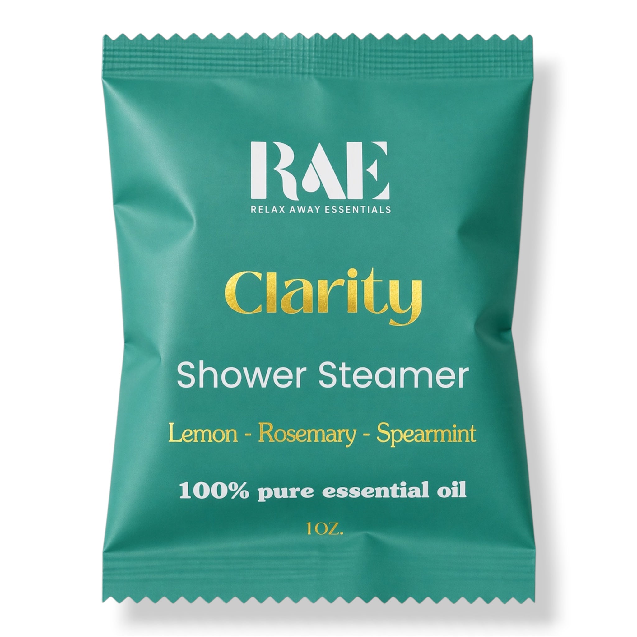 A single teal shower steamer packet from RAE Relax Away Essentials, labeled 'Clarity' with lemon, rosemary, and spearmint essential oils, on a white background.