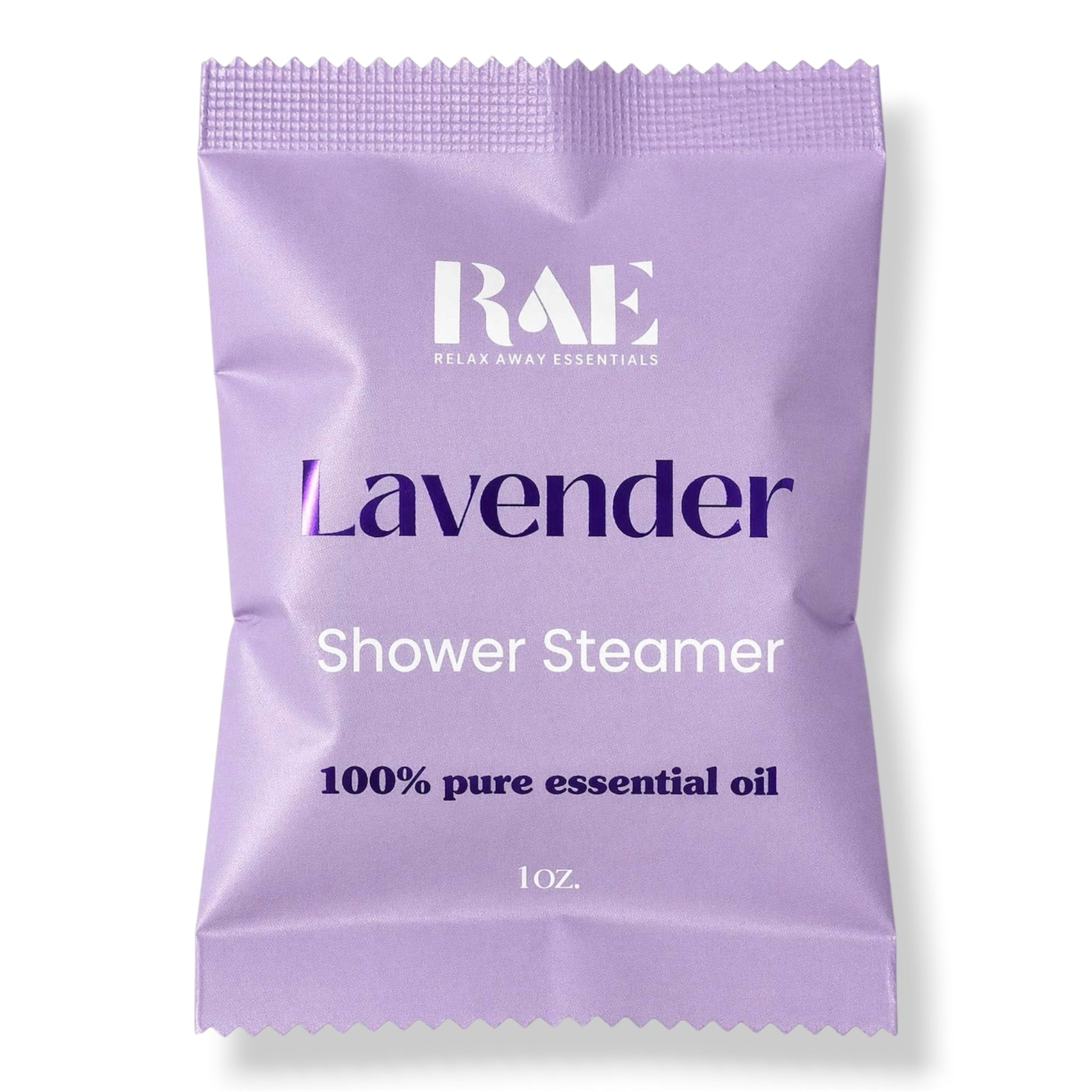 A single lavender shower steamer packet from RAE Relax Away Essentials, featuring a light purple wrapper with white and dark purple text on a white background.