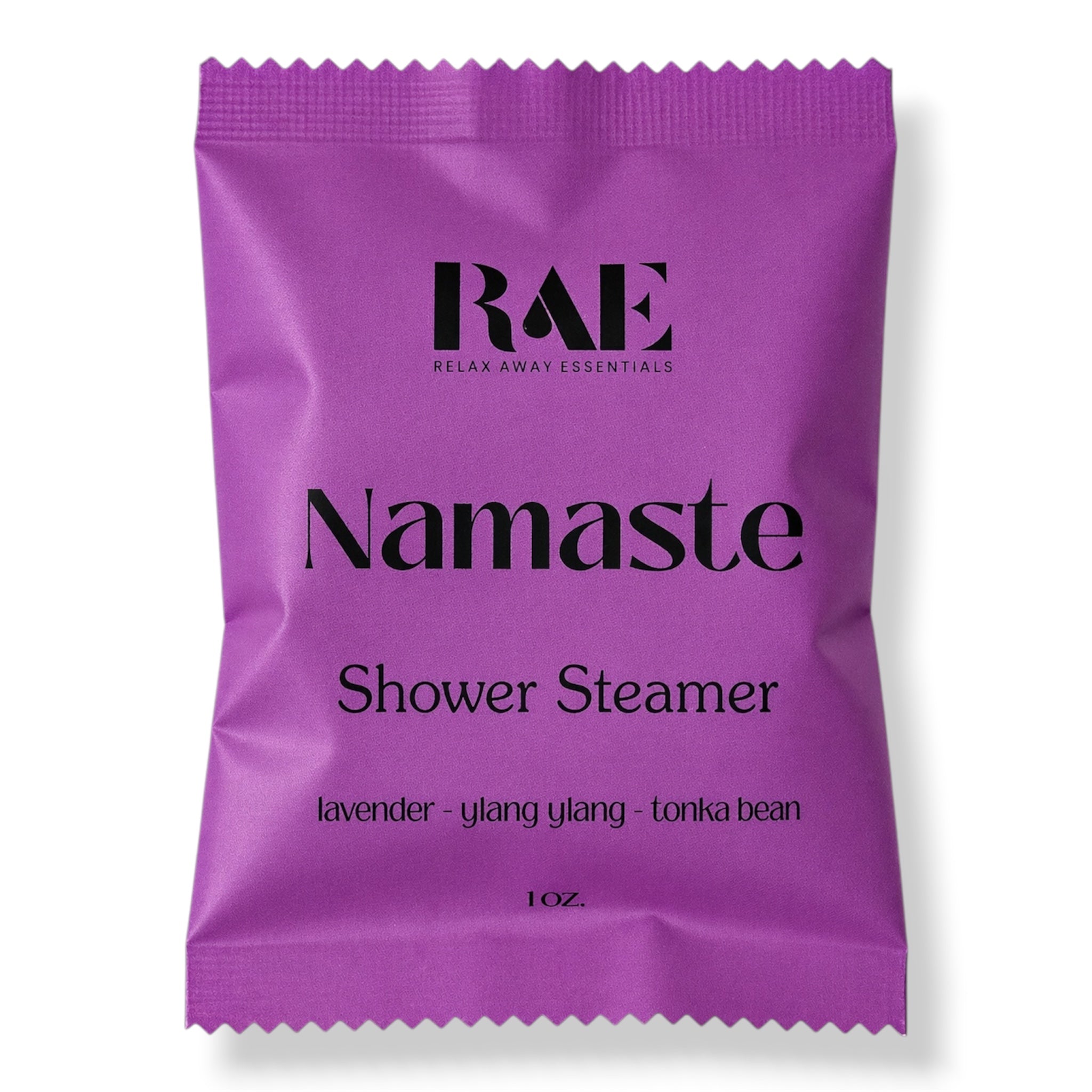 A purple pouch of RAE Relax Away Essentials Namaste Shower Steamer, featuring black text on a clean white background.