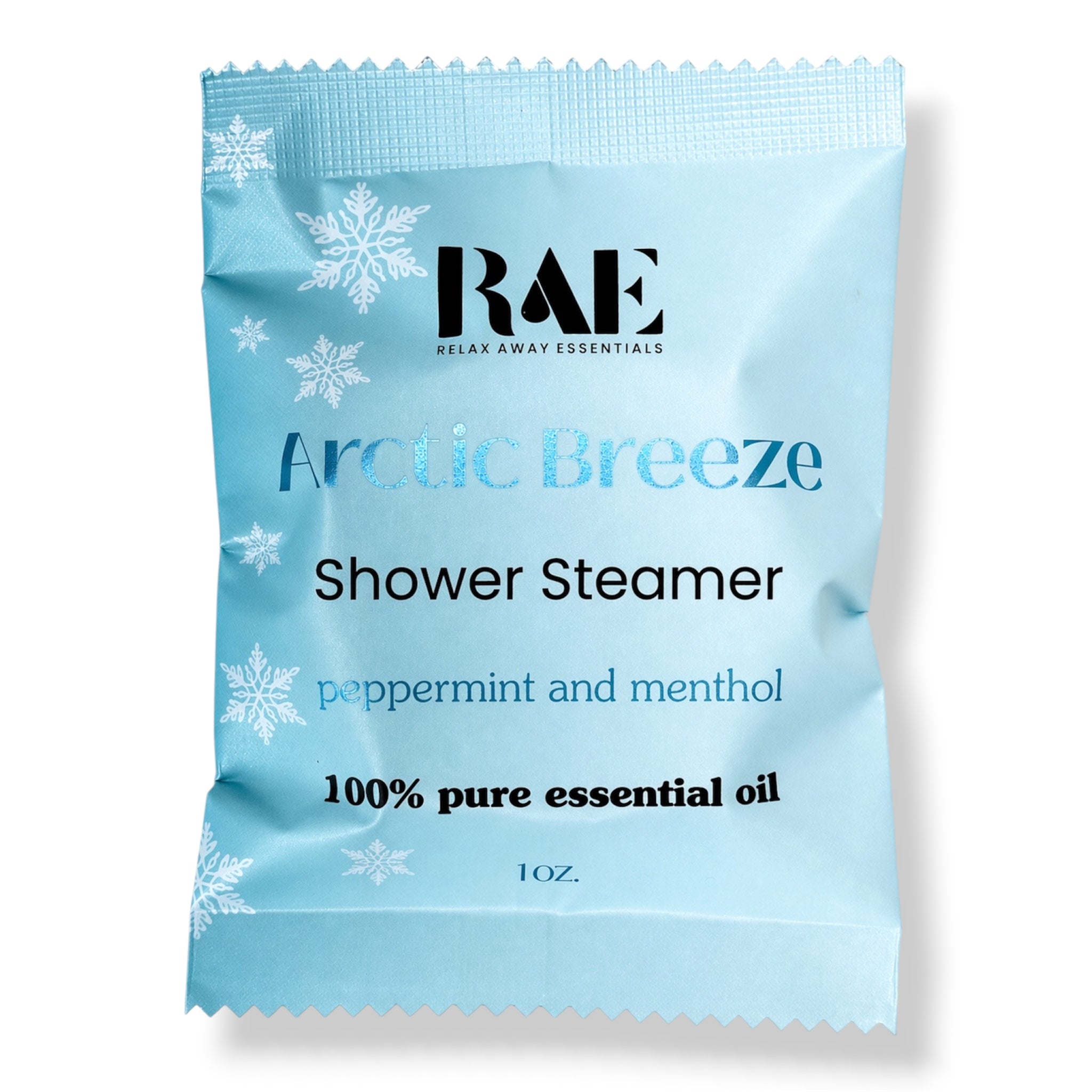 A single light blue RAE 'Arctic Breeze' shower steamer packet with snowflake graphics, labeled peppermint and menthol, on a white background.