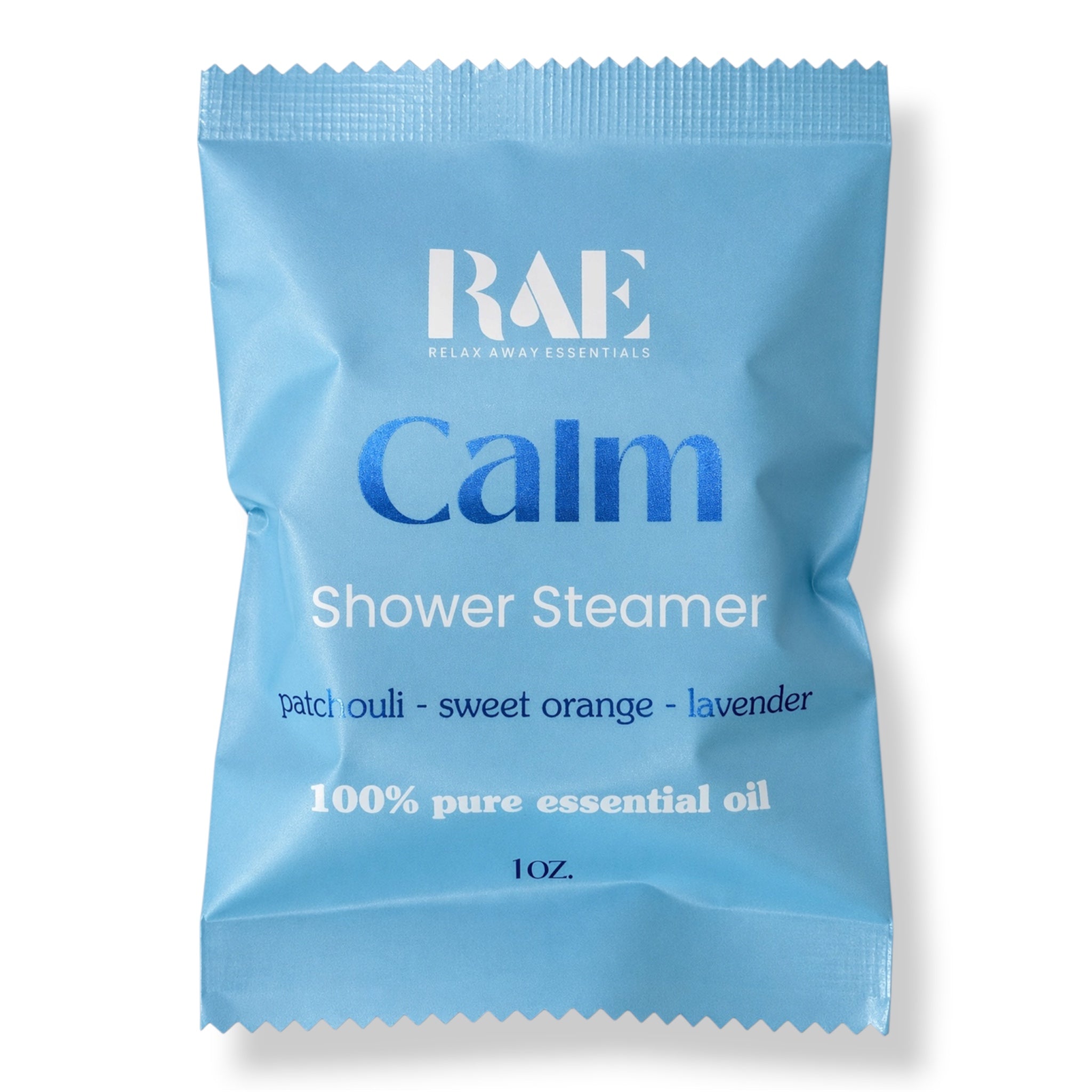 A single light blue resealable packet labeled RAE Calm Shower Steamer, with white and blue text on a white background.