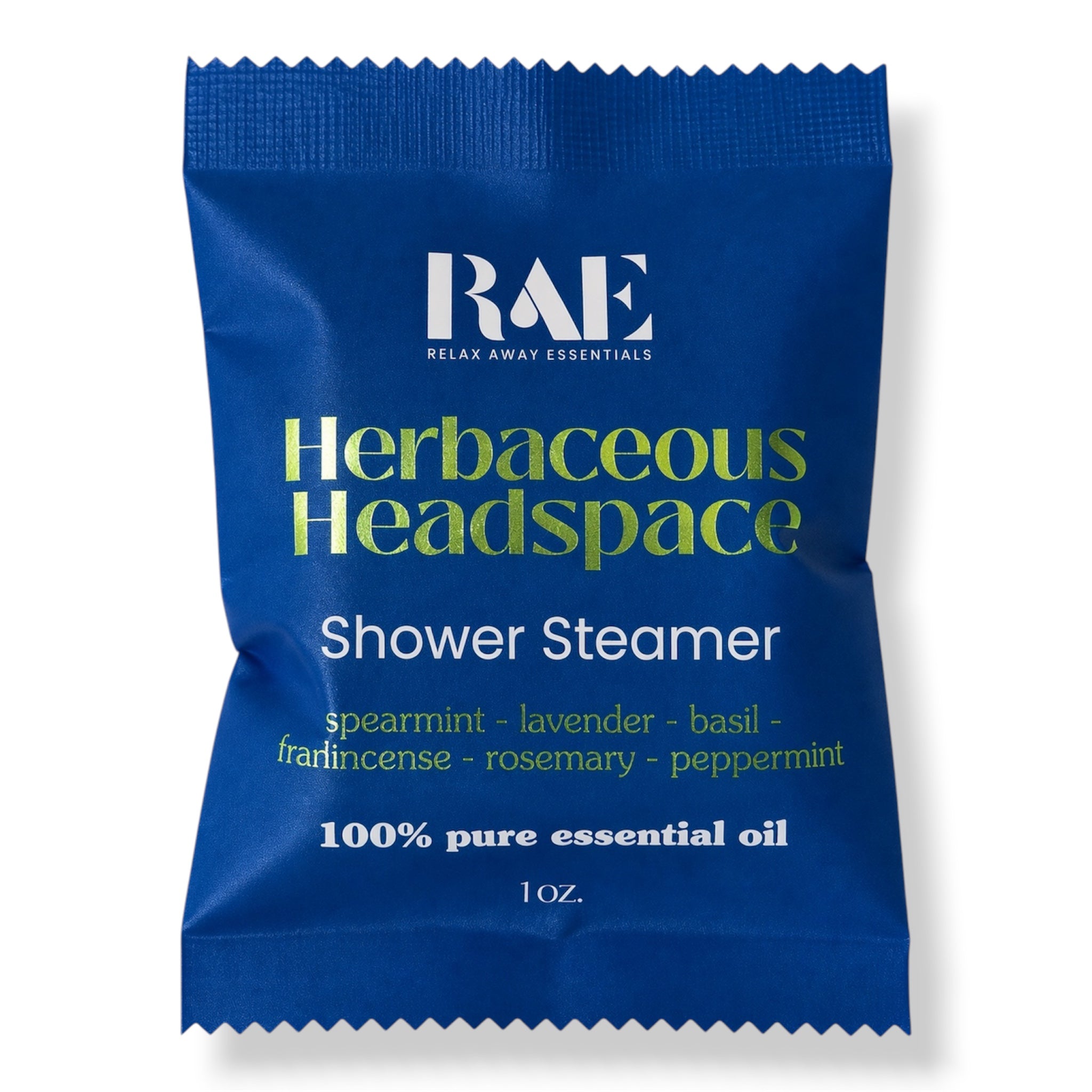 A single blue RAE 'Herbaceous Headspace' shower steamer packet on a white background.