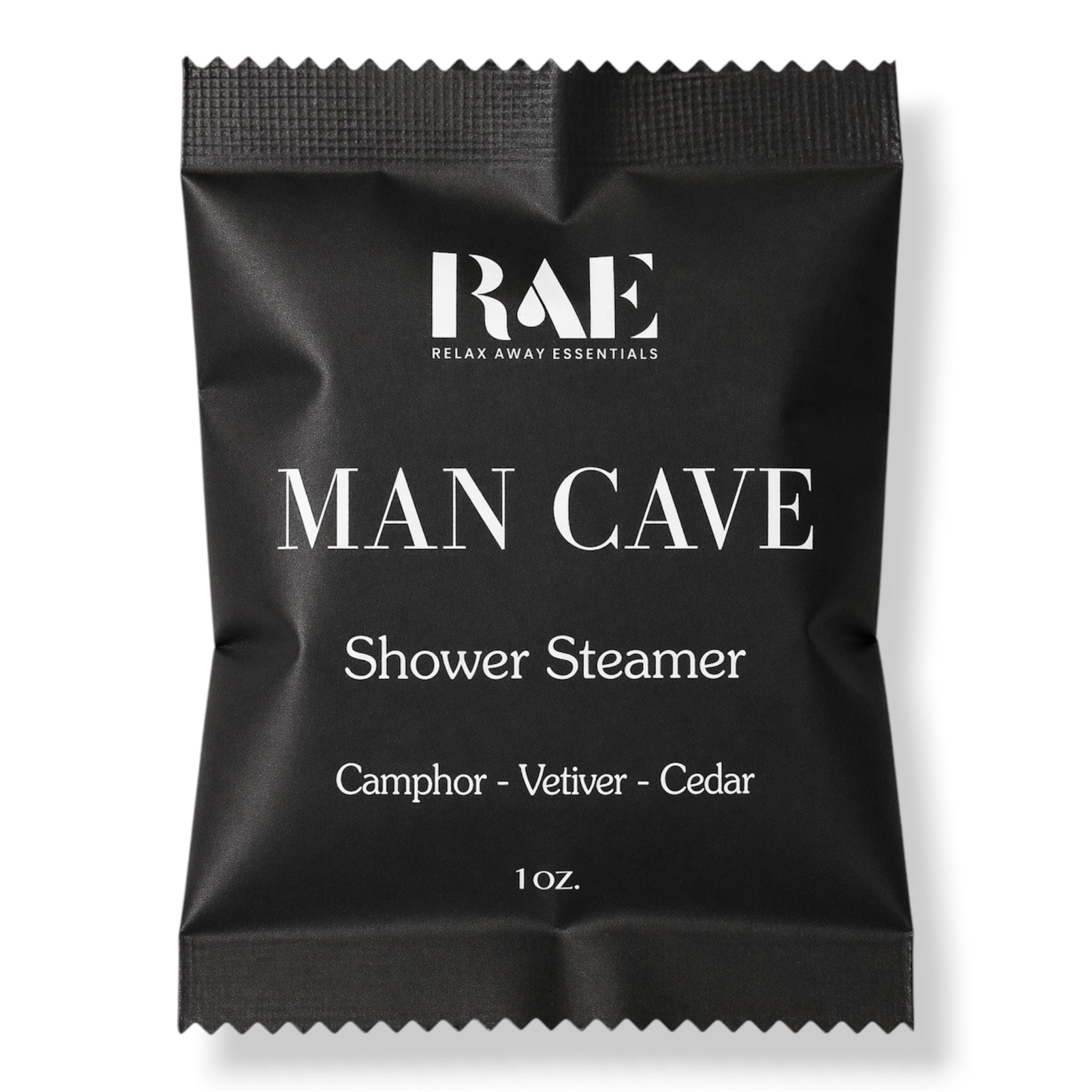 A single black RAE Shower Steamer packet labeled 'MAN CAVE' with white text, photographed on a clean white background.