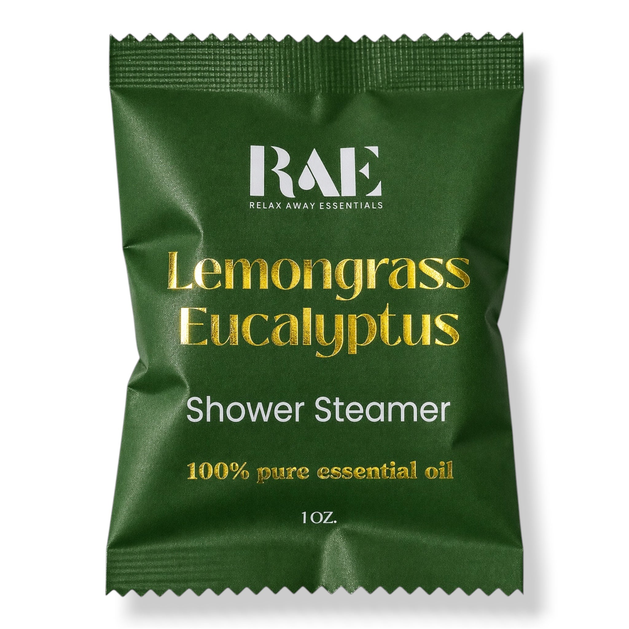 A single green RAE Shower Steamer packet labeled Lemongrass Eucalyptus, 1 oz, on a white background.