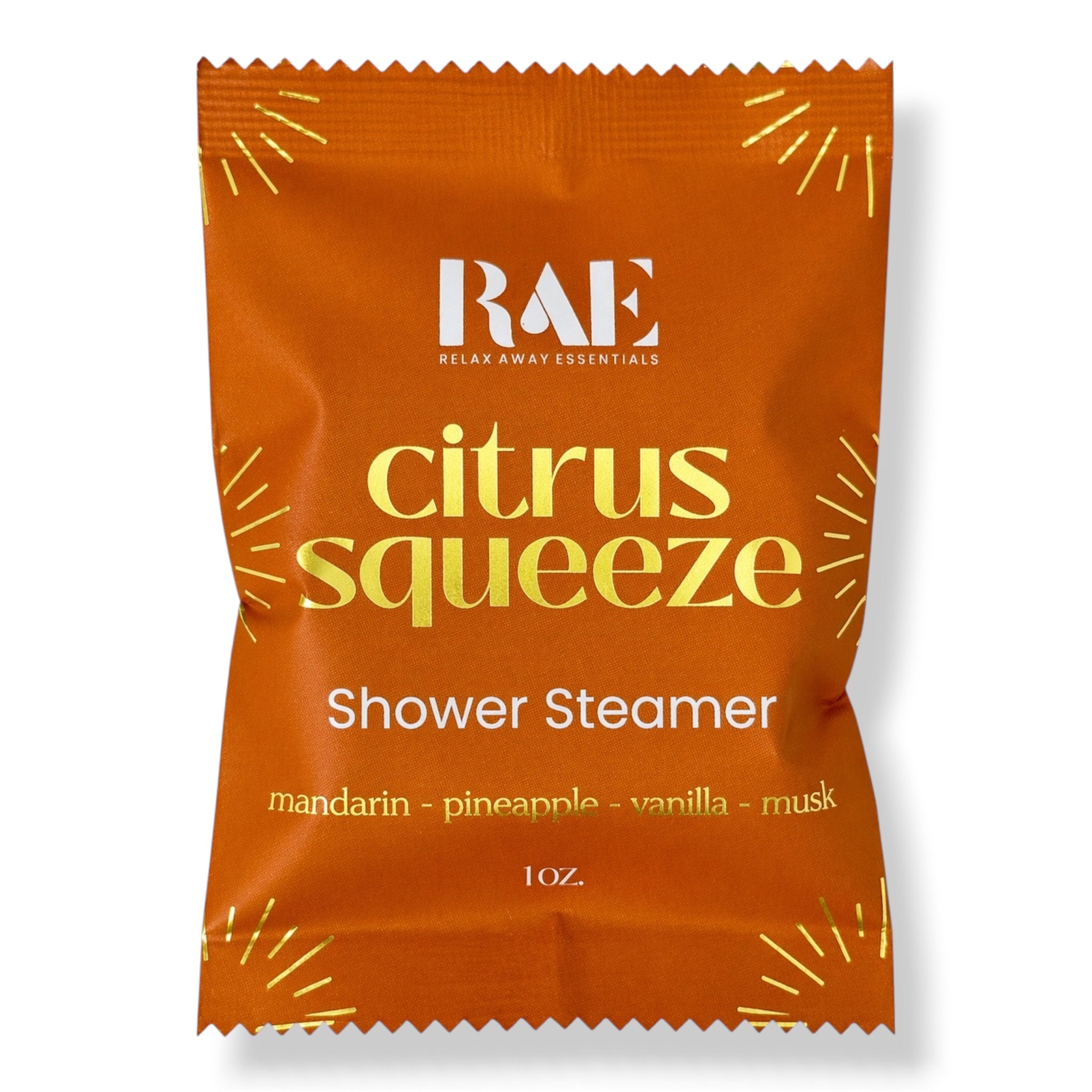 A single orange shower steamer packet labeled 'RAE citrus squeeze Shower Steamer' with yellow and white text, photographed on a clean white background.