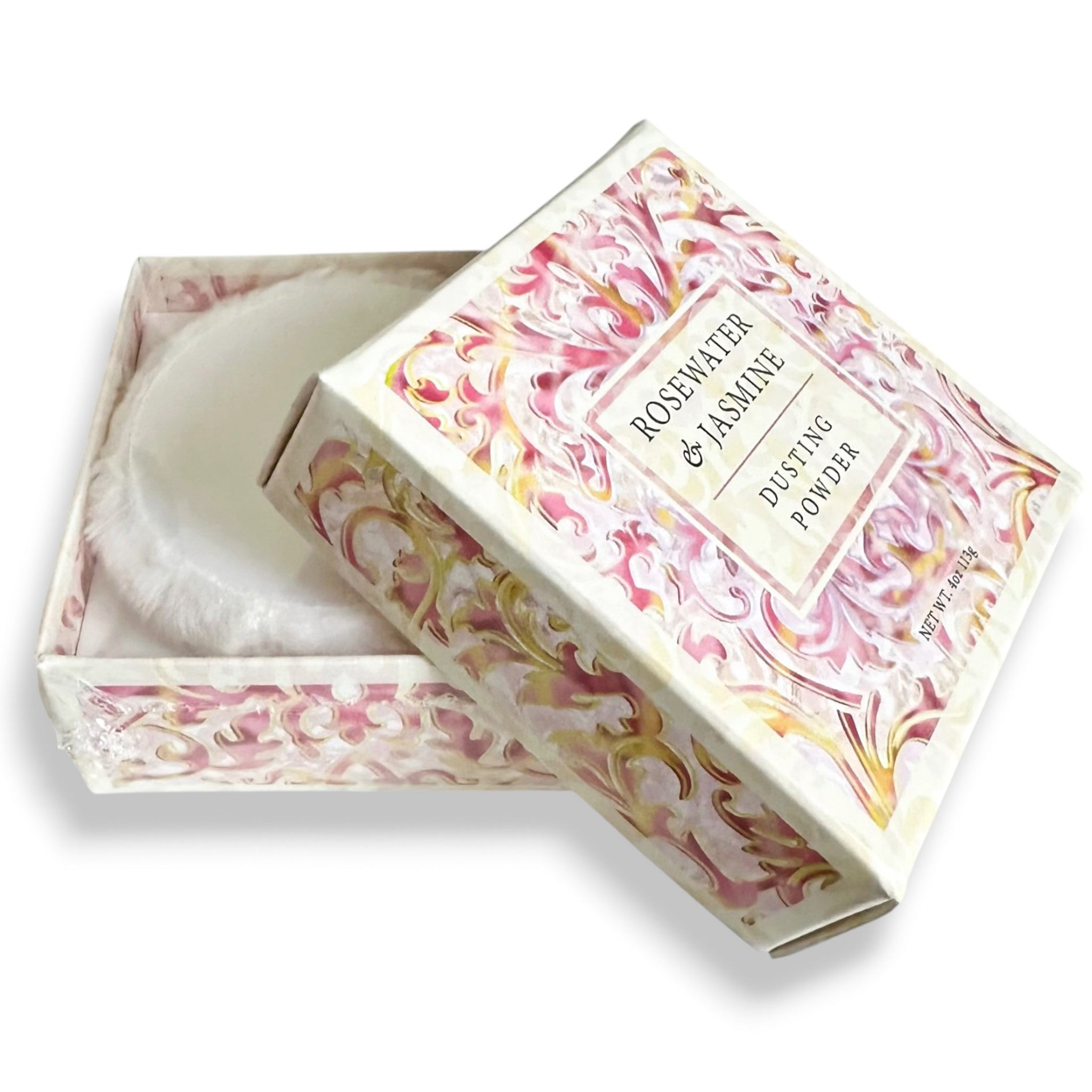 Rosewater & Jasmine dusting powder in decorative box on a white background