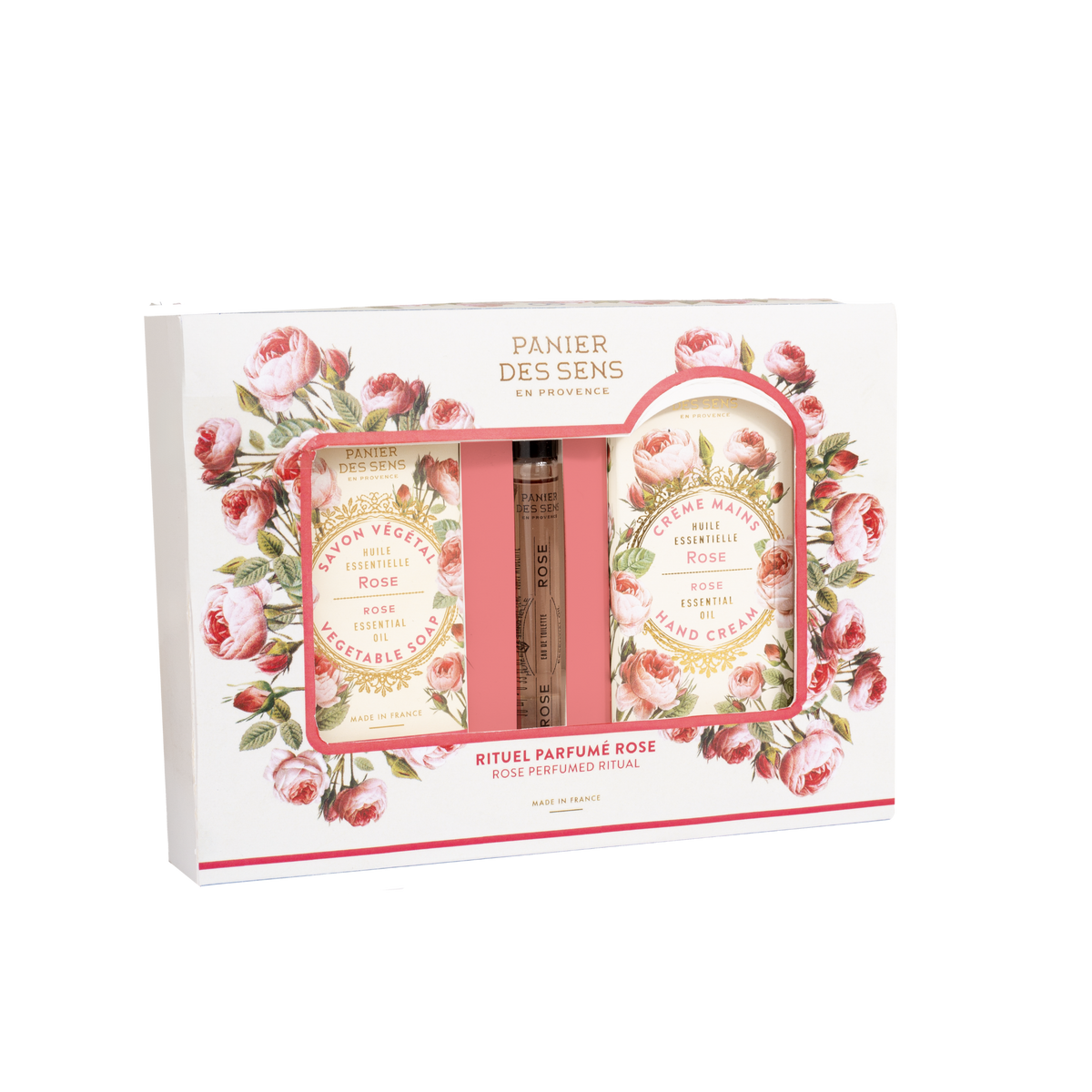 Rose perfume gift set box with three compartments and floral design