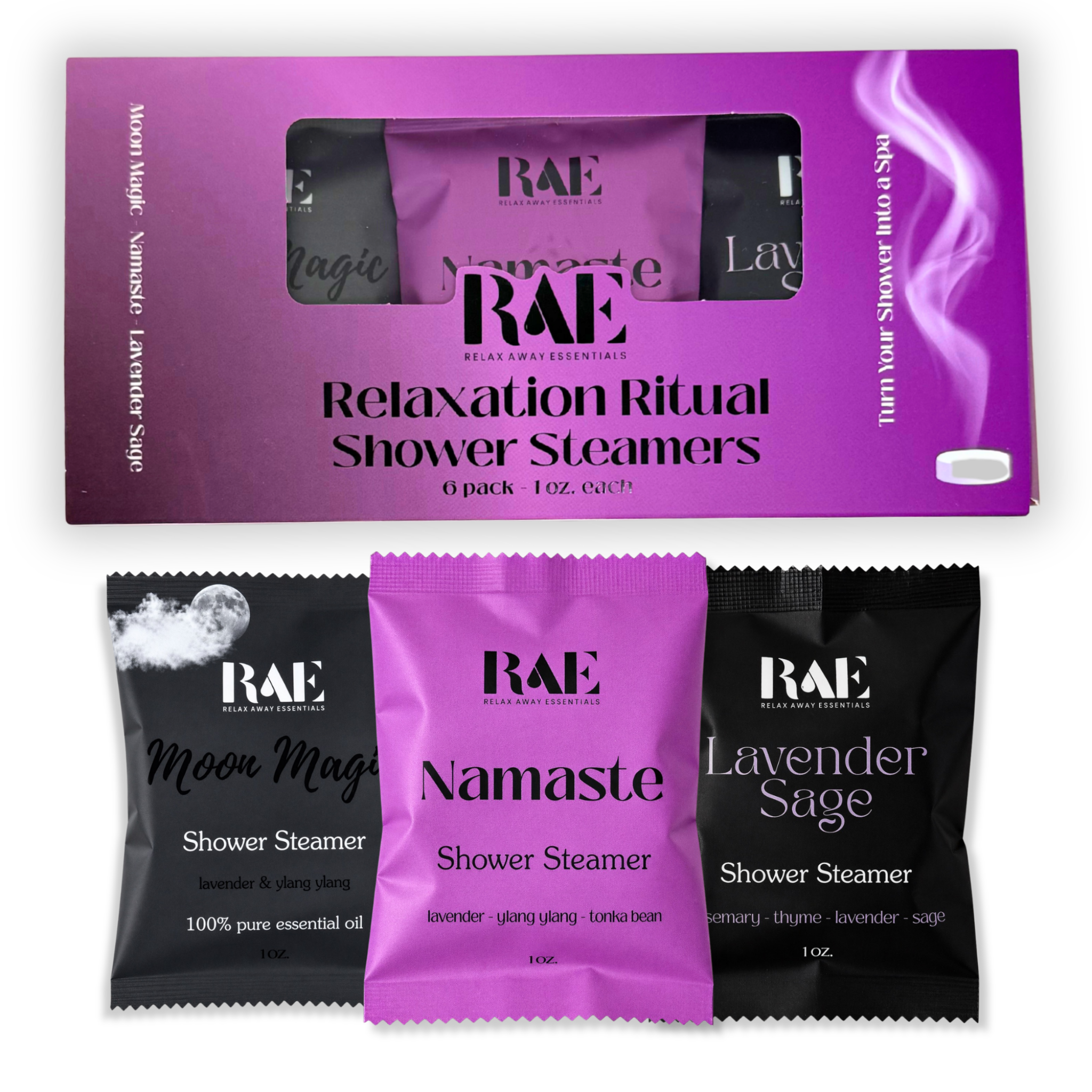 Relaxation shower steamer 6-pack box with purple front and steamer pouch illustrations