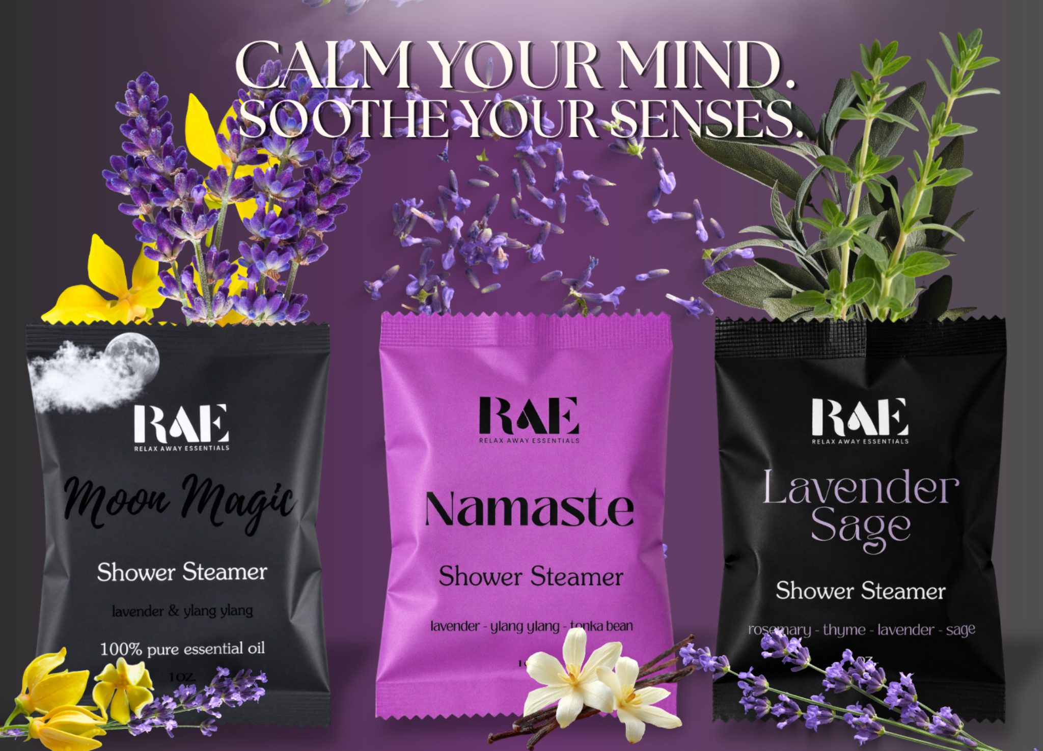 3 shower steamer pouches: Moon Magic, Namaste, Lavender Sage with decorative botanicals
