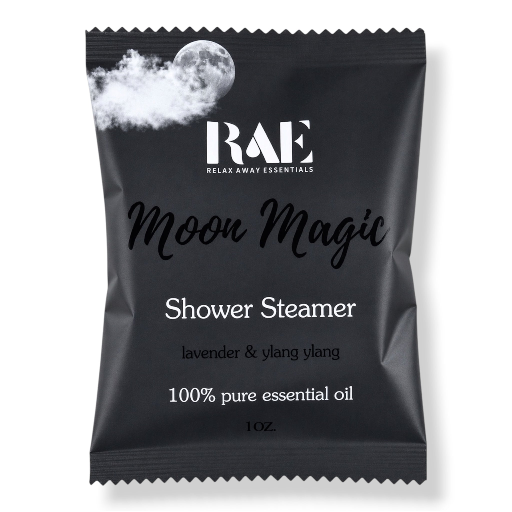 A single black resealable sachet labeled RAE Moon Magic Shower Steamer, with white and black text and a moon-and-cloud graphic near the top, shown on a light gray background.