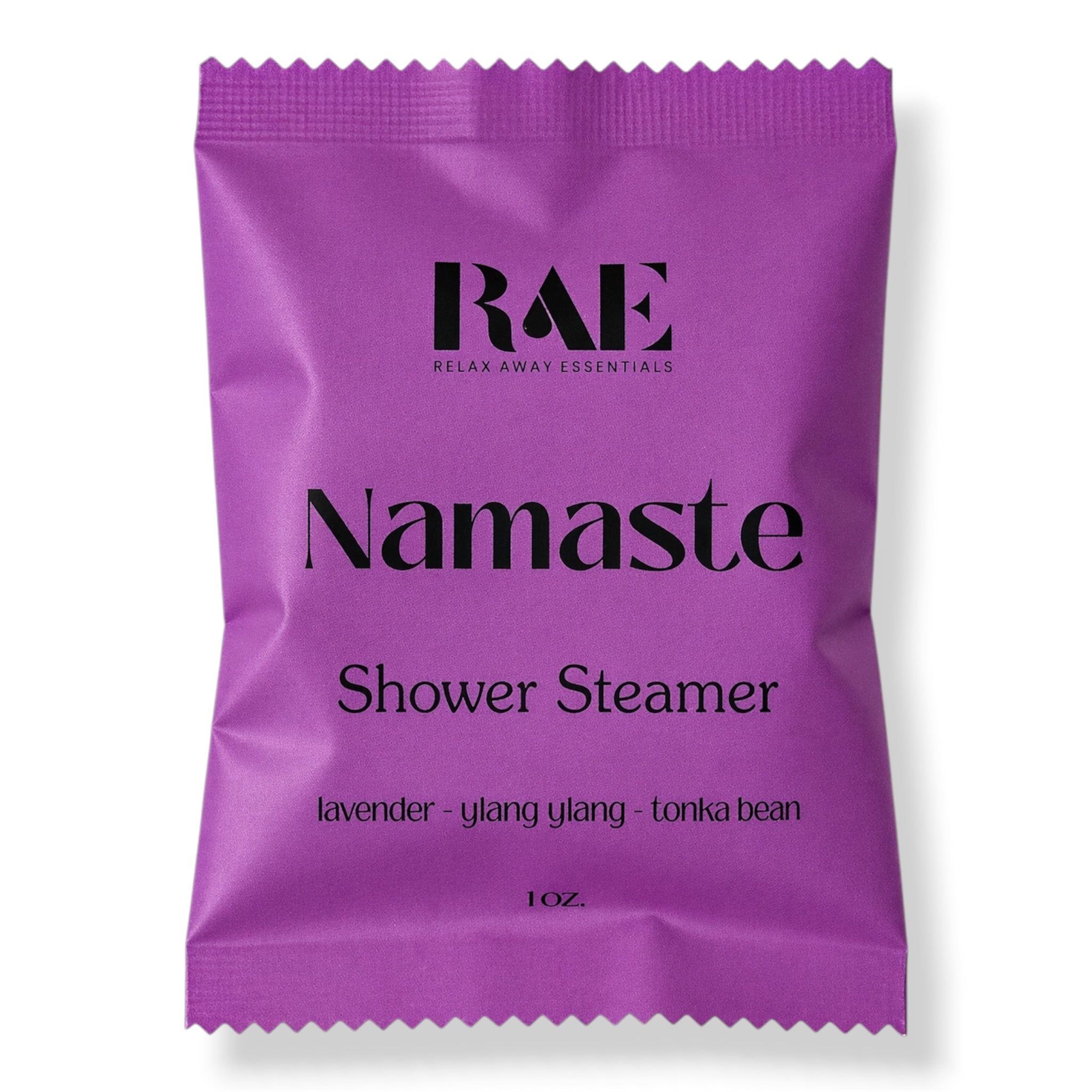 A purple resealable pouch of RAE Relax Away Essentials Namaste Shower Steamer, featuring black text on a clean white background.