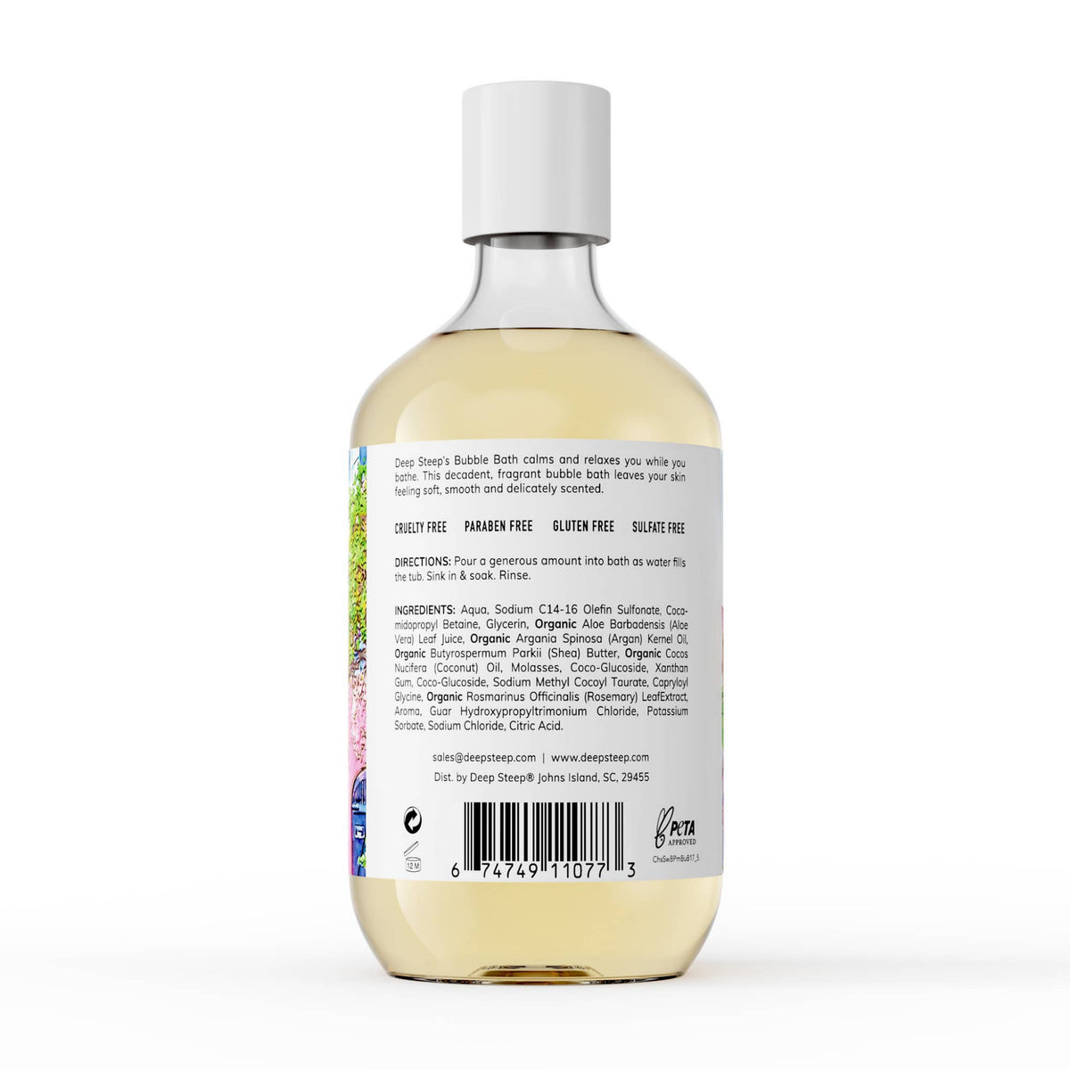 Bottle of liquid bubble bath with a label on a white background