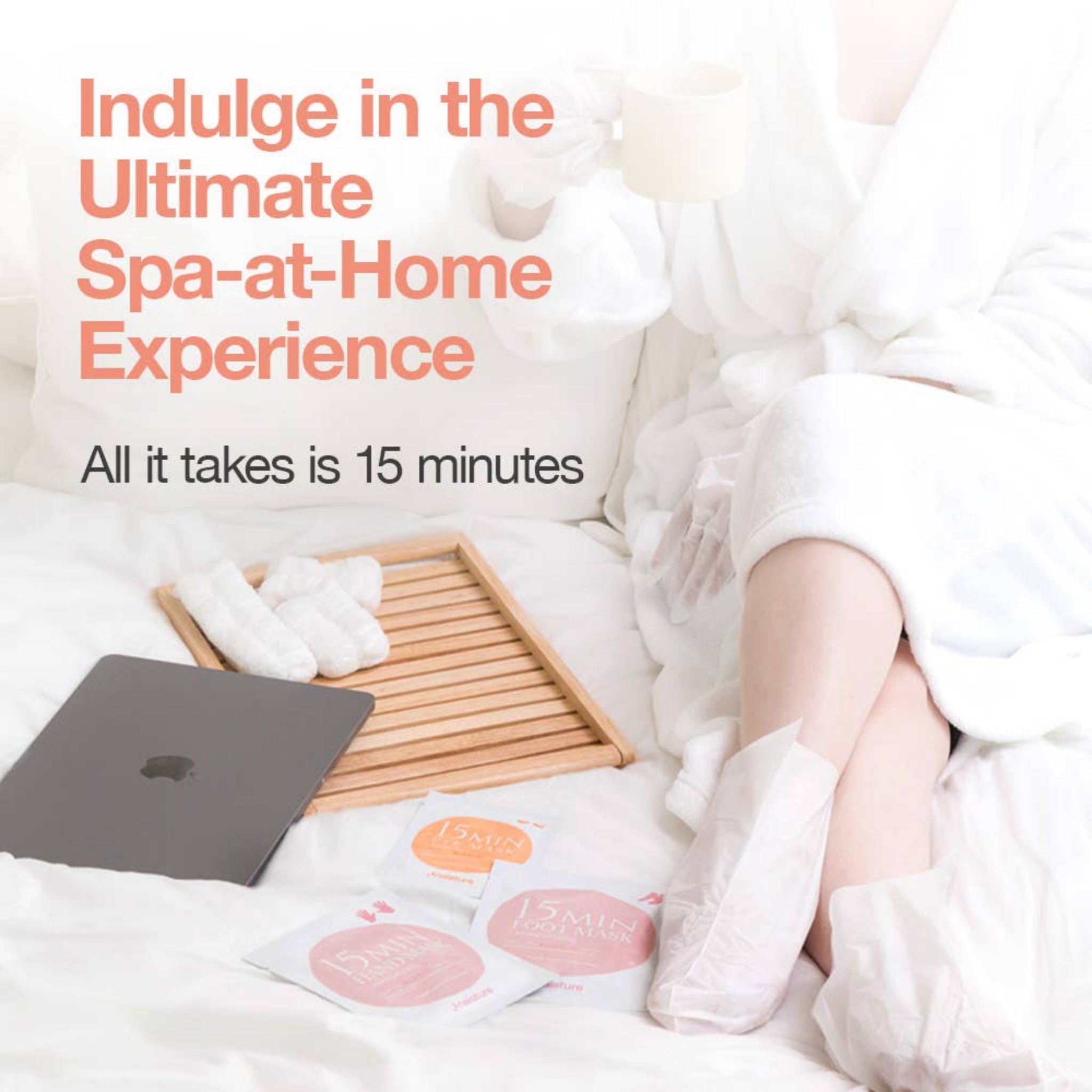 Person in a robe sitting on a bed with a laptop and bath items, text overlay promoting a spa-at-home experience.