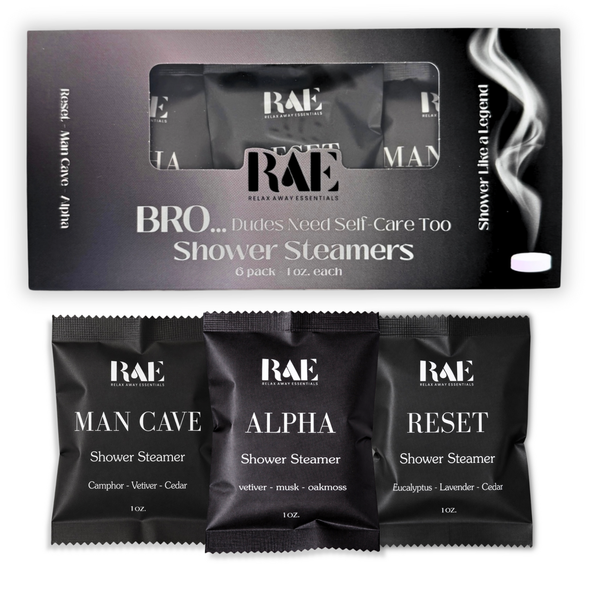 RAE Man Cave shower steamers packaging with three individual packages displayed in front.