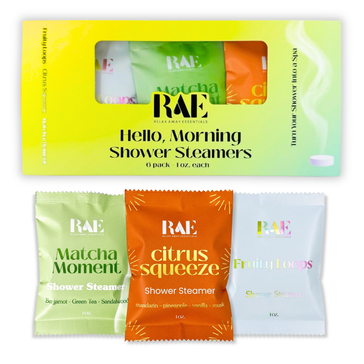 RAE shower steamers packaging with three individual packages displayed in front.