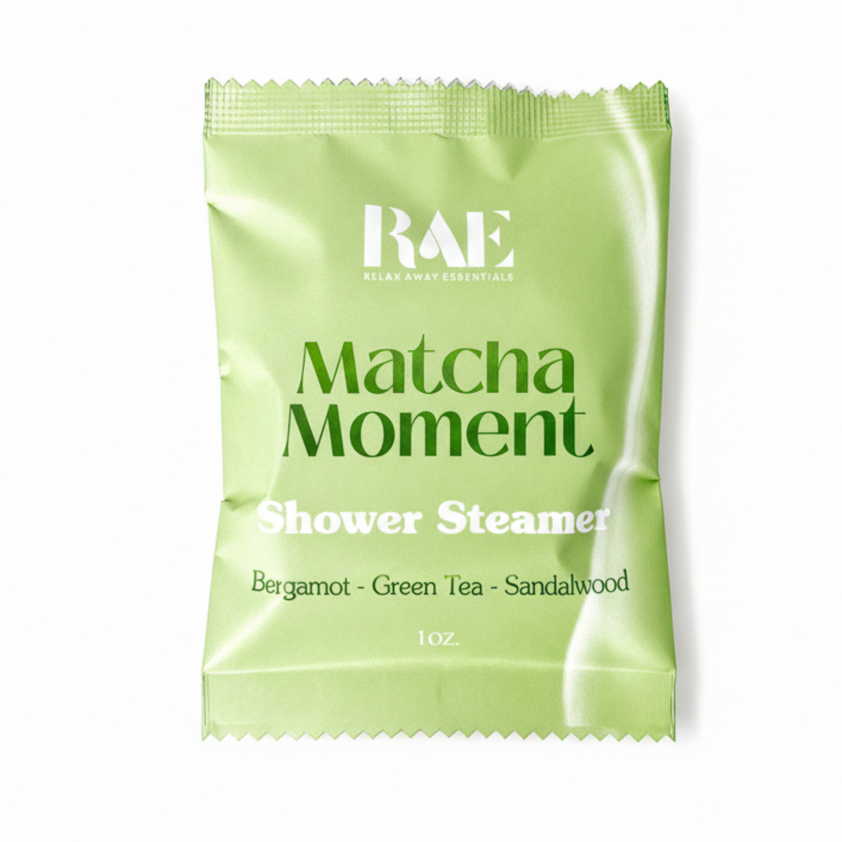 A single light green RAE Relax Away Essentials shower steamer packet labeled 'Matcha Moment' with bergamot, green tea, and sandalwood flavor, shown on a white background.