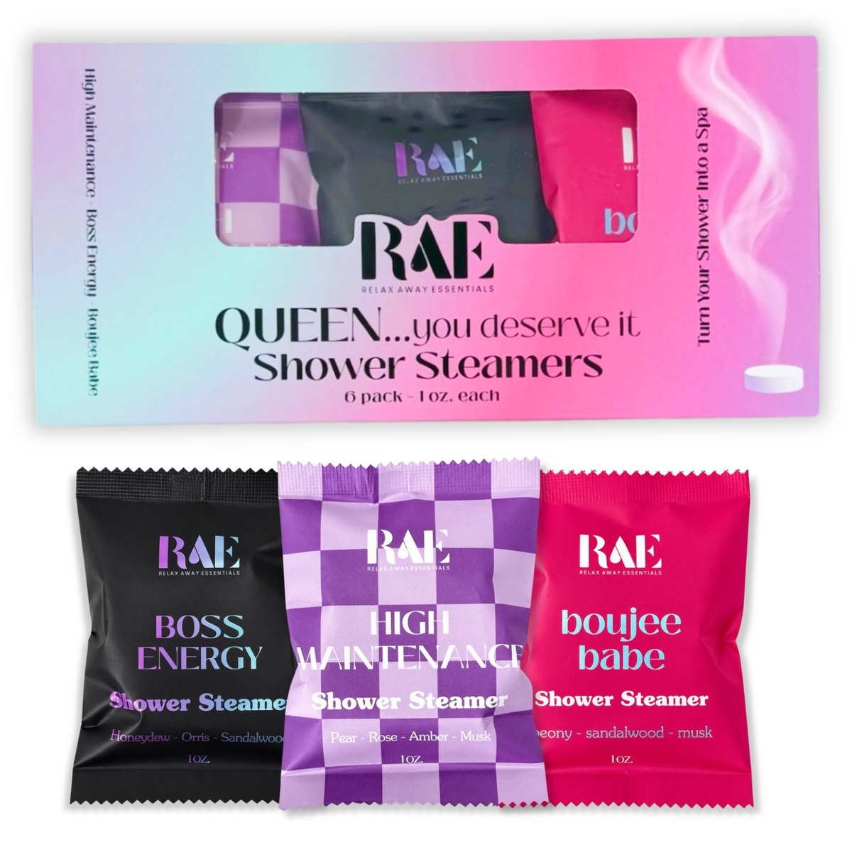 RAE shower steamers packaging with three individual packages displayed below.