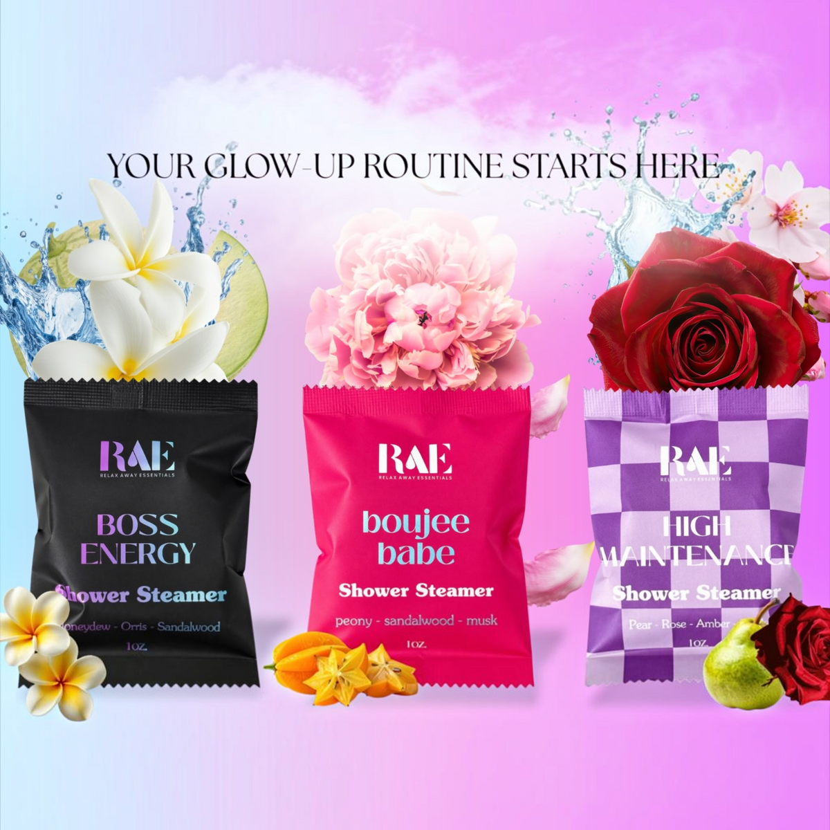 Three RAE brand shower steamer packets are displayed against a pink and purple gradient background with floral and water splash graphics. The packets are labeled 'BOSS ENERGY' in black, 'boujee babe' in bright pink, and 'HIGH MAINTENANCE' in purple and white checkered pattern.