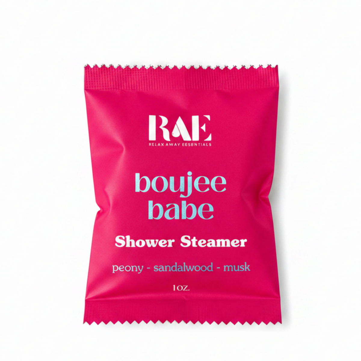 Pink shower steamer packaging with 'RAE' branding and product details on a white background