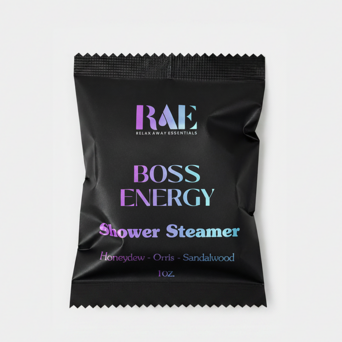 Black shower steamer packaging with 'RAE' branding and product name on a white background