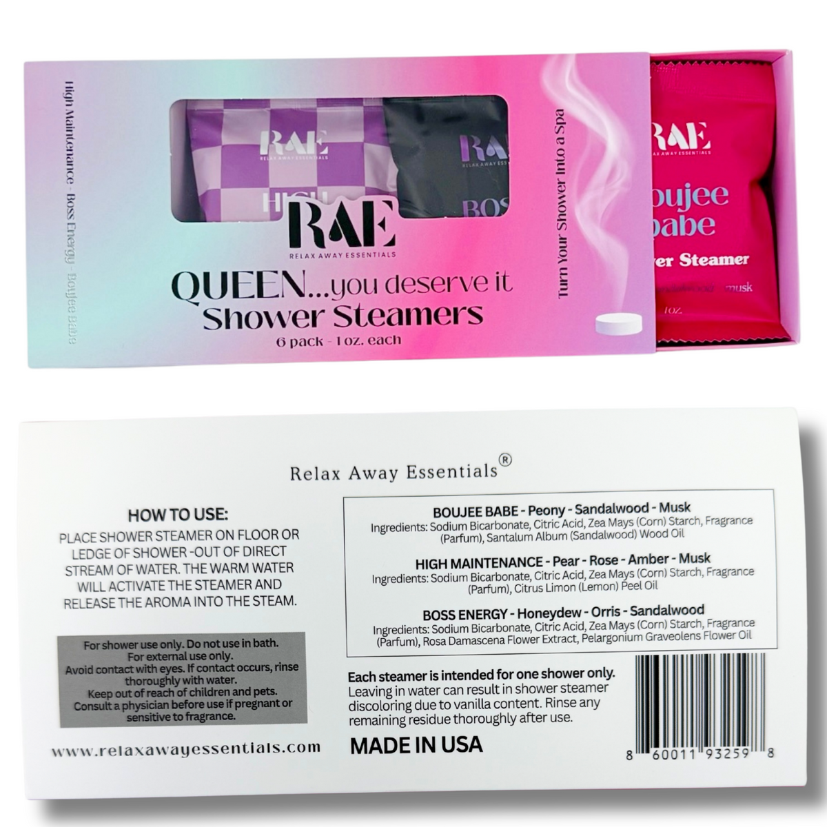 Box of Rae Shower Steamers with product packaging and branding details.