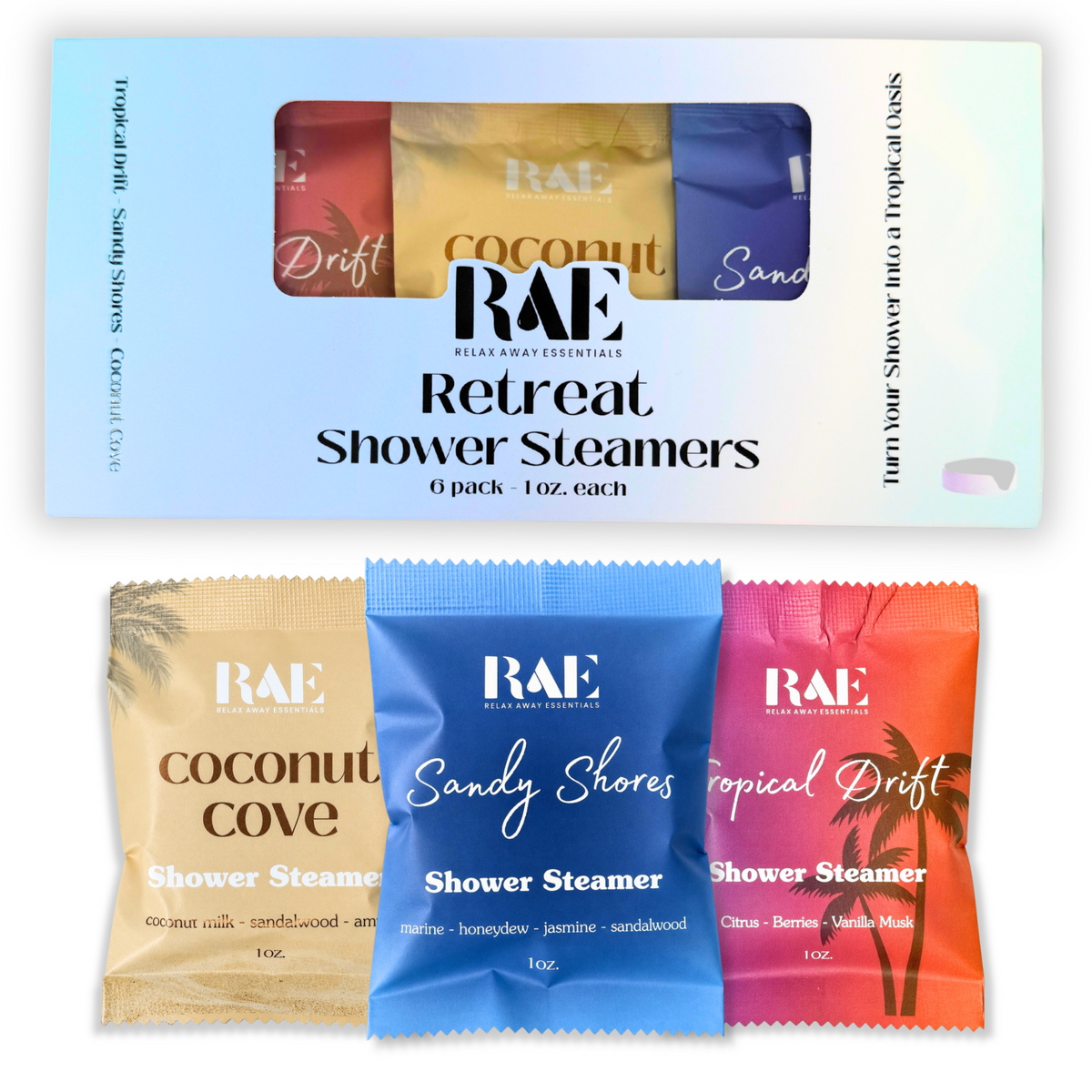 RAE Retreat Shower Steamers packaging with various scents on a white background