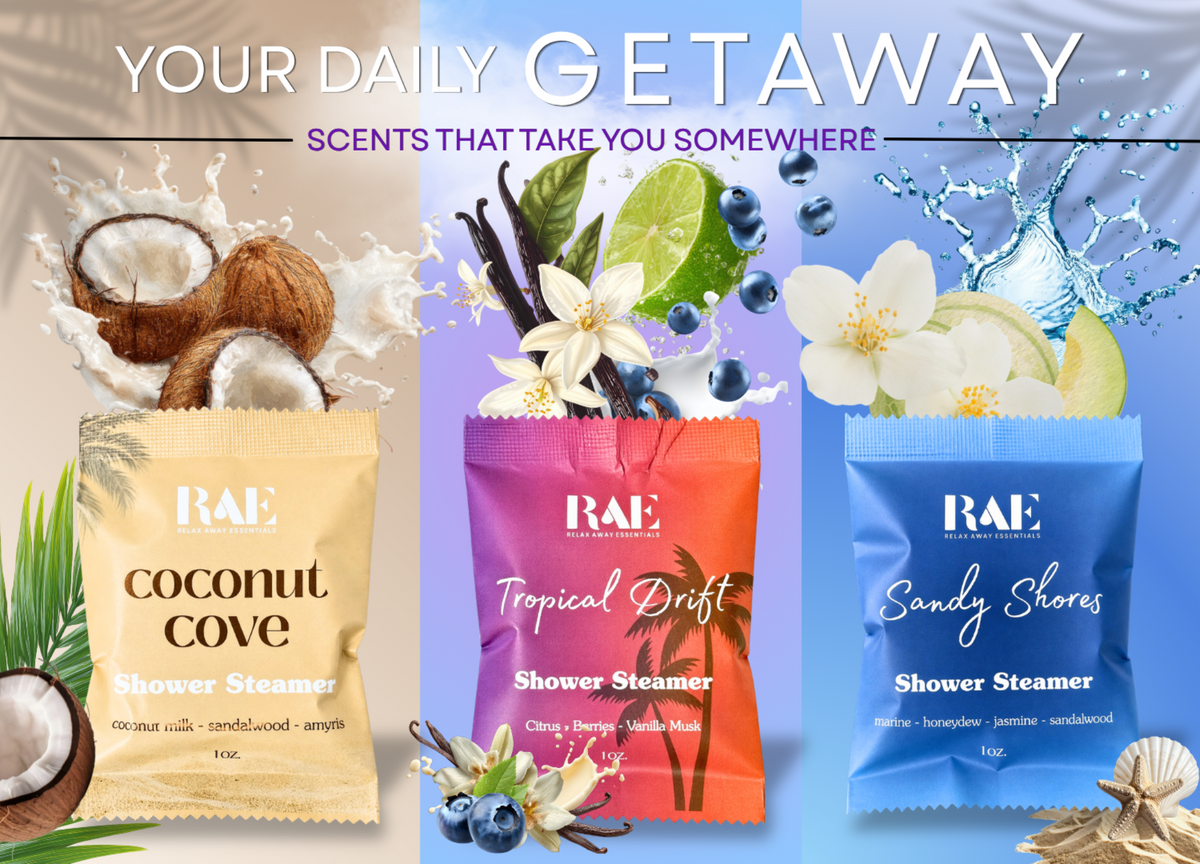 Three shower steamer packages with scents 'Coconut Cove', 'Tropical Drift', and 'Sandy Shores' by RAE, surrounded by corresponding scents.