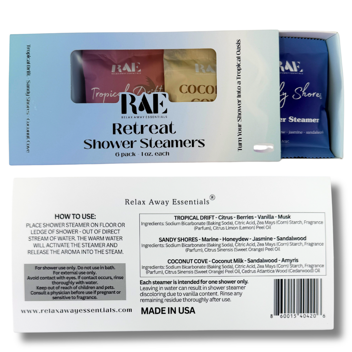 RAE Retreat Shower Steamers packaging with product images and text on a white background
