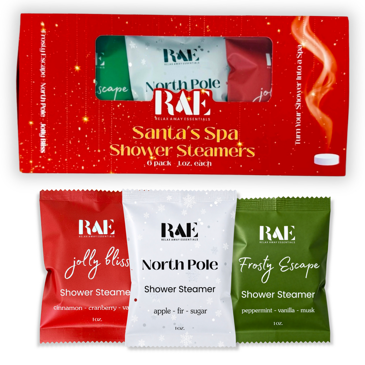 A 6-pack gift set of RAE Santa's Spa Shower Steamers in a red holiday-themed box, with three individual packets below: jolly bliss, North Pole, and Frosty Escape.