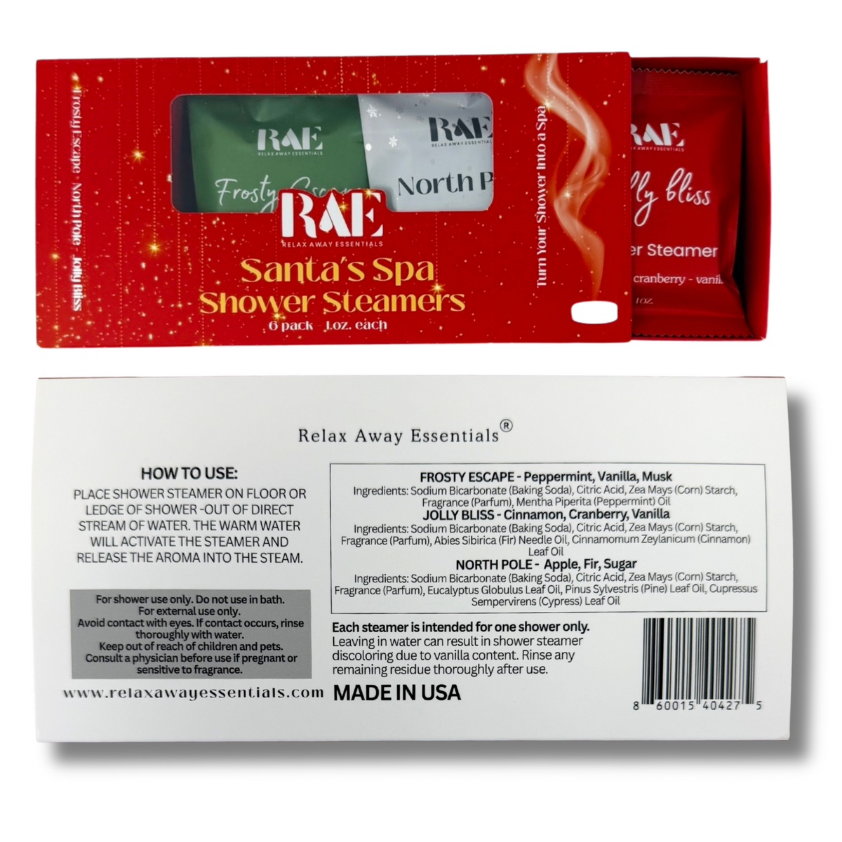 RAE Santa's Spa Shower Steamers packaging with product details on a white background