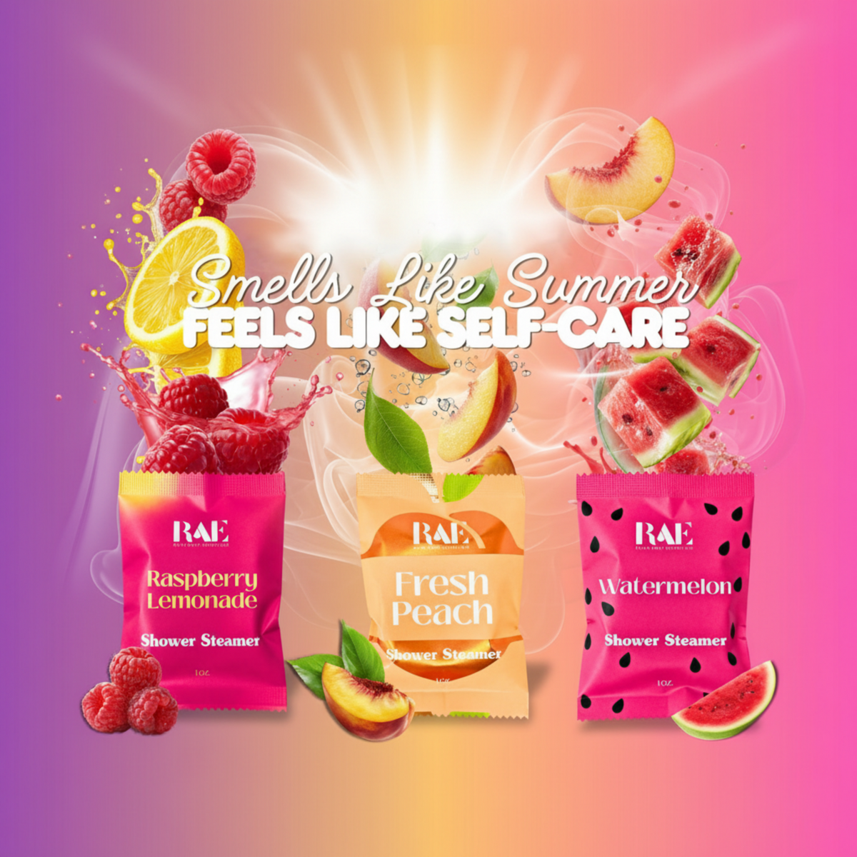 RAE shower steamers with raspberry lemonade, fresh peach, and watermelon scents on a colorful background.