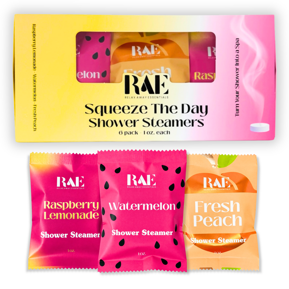RAE shower steamers packaging with Raspberry Lemonade, Watermelon, and Fresh Peach scents on a white background.