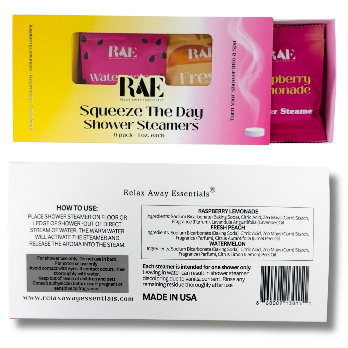 Packaging of RAE Squeeze The Day Shower Steamers with product details on a white background