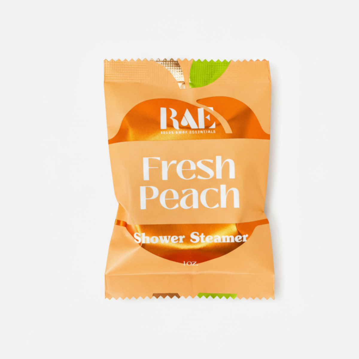 Orange package of RAE Fresh Peach Shower Steamer on a white background
