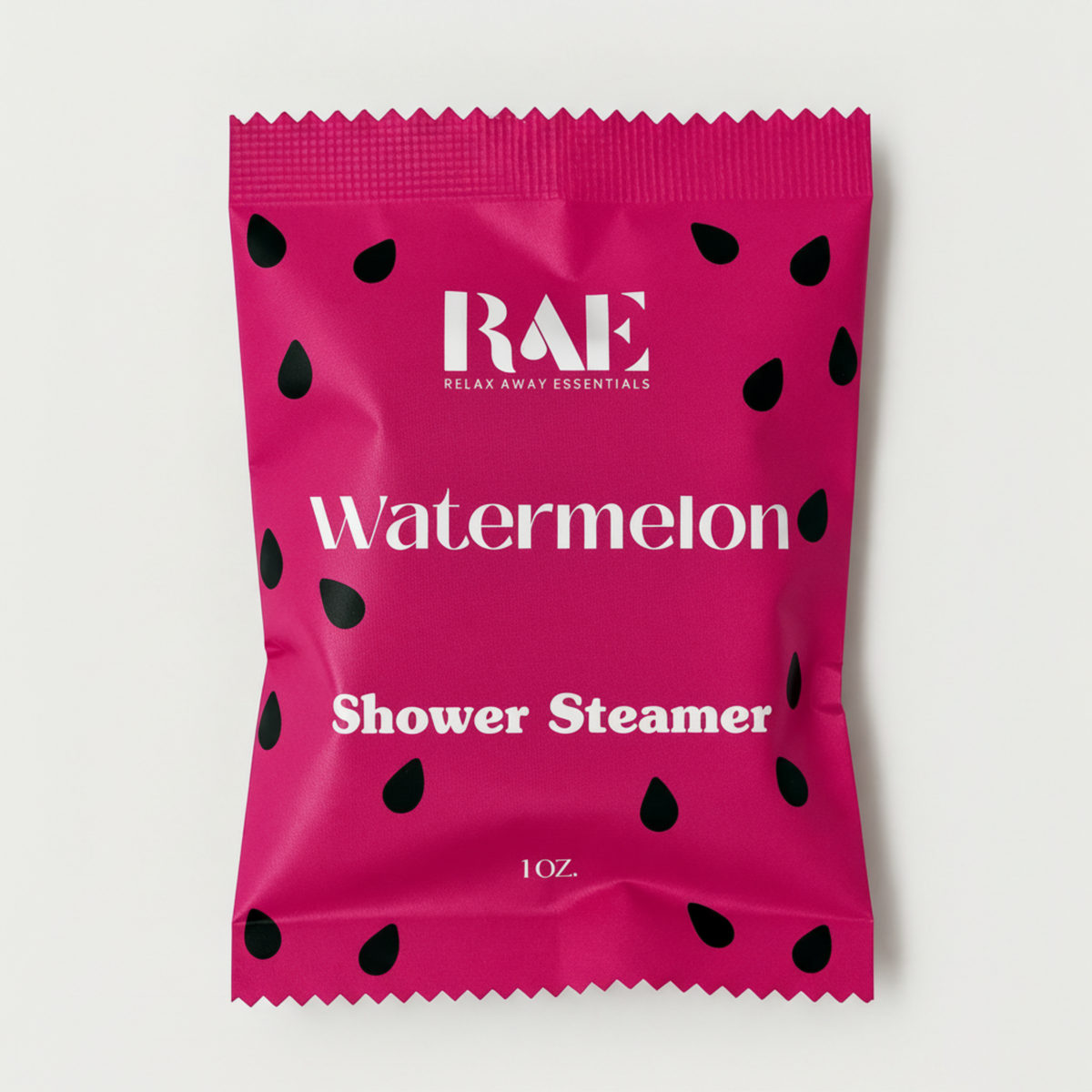 Pink shower steamer packaging with black watermelon seeds and 'RAE' branding on a white background