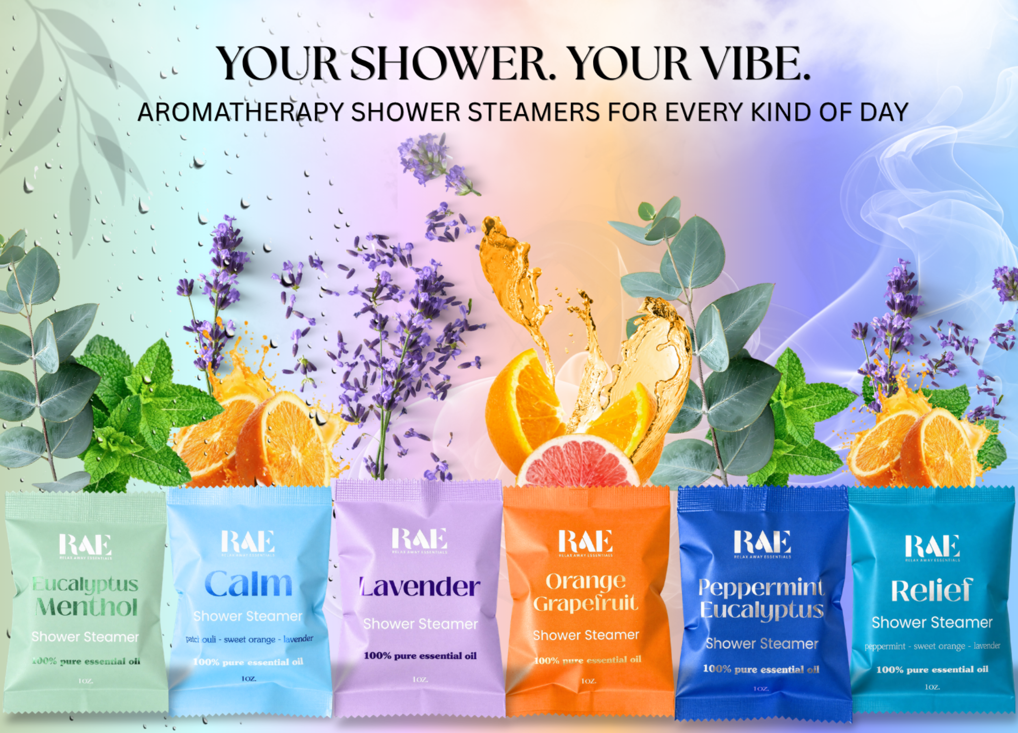 Shower steamer variety pack showing 6 mini scent sachets in assorted colors