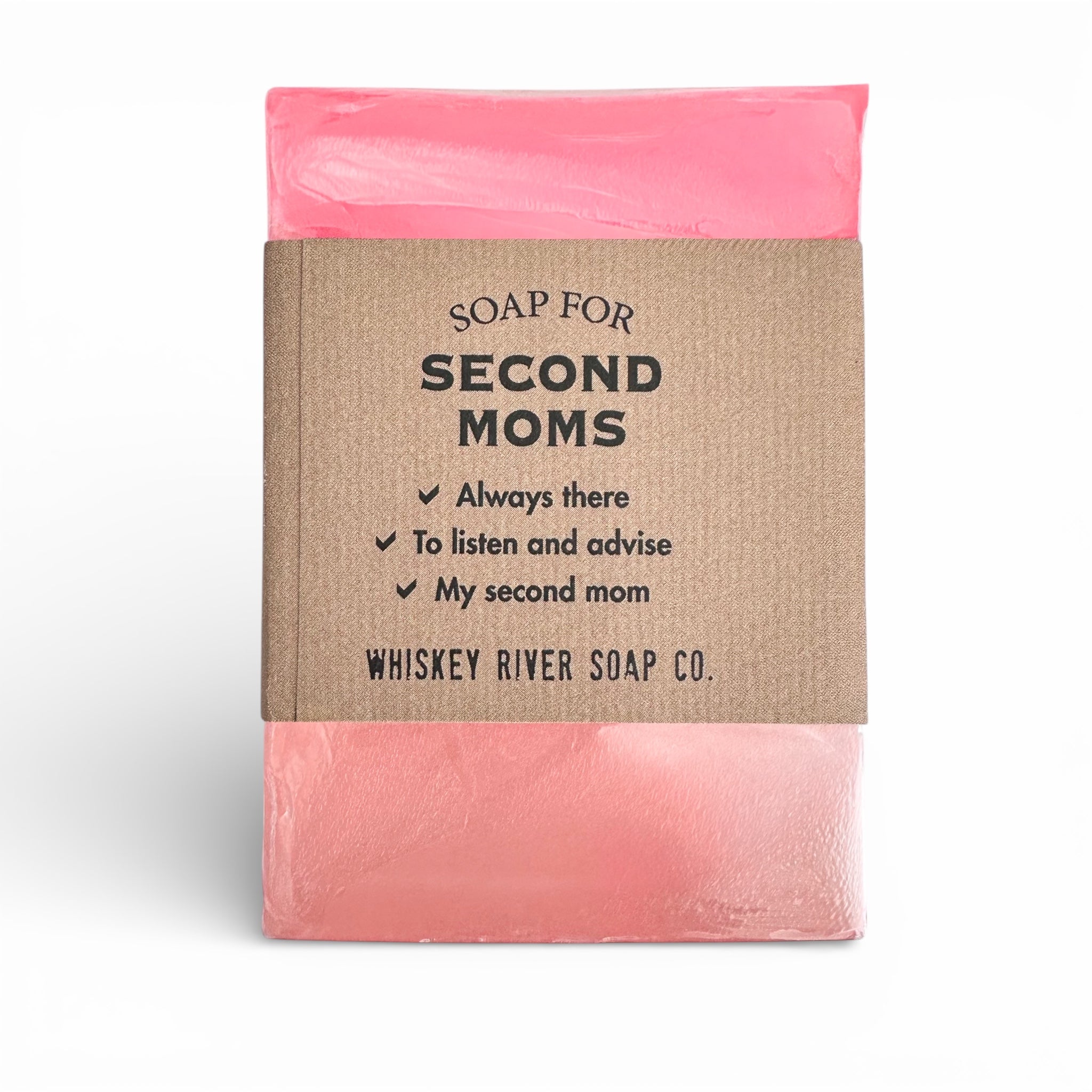 Soap bar with pink wrapper, brown label: SOAP FOR SECOND MOMS, Whiskey River Soap Co.