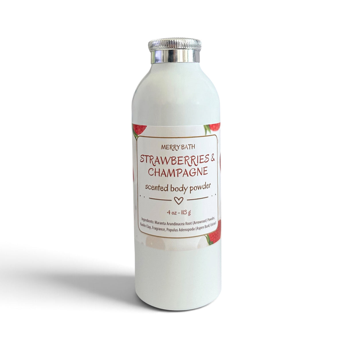 Scented body powder bottle, white with Strawberries & Champagne label