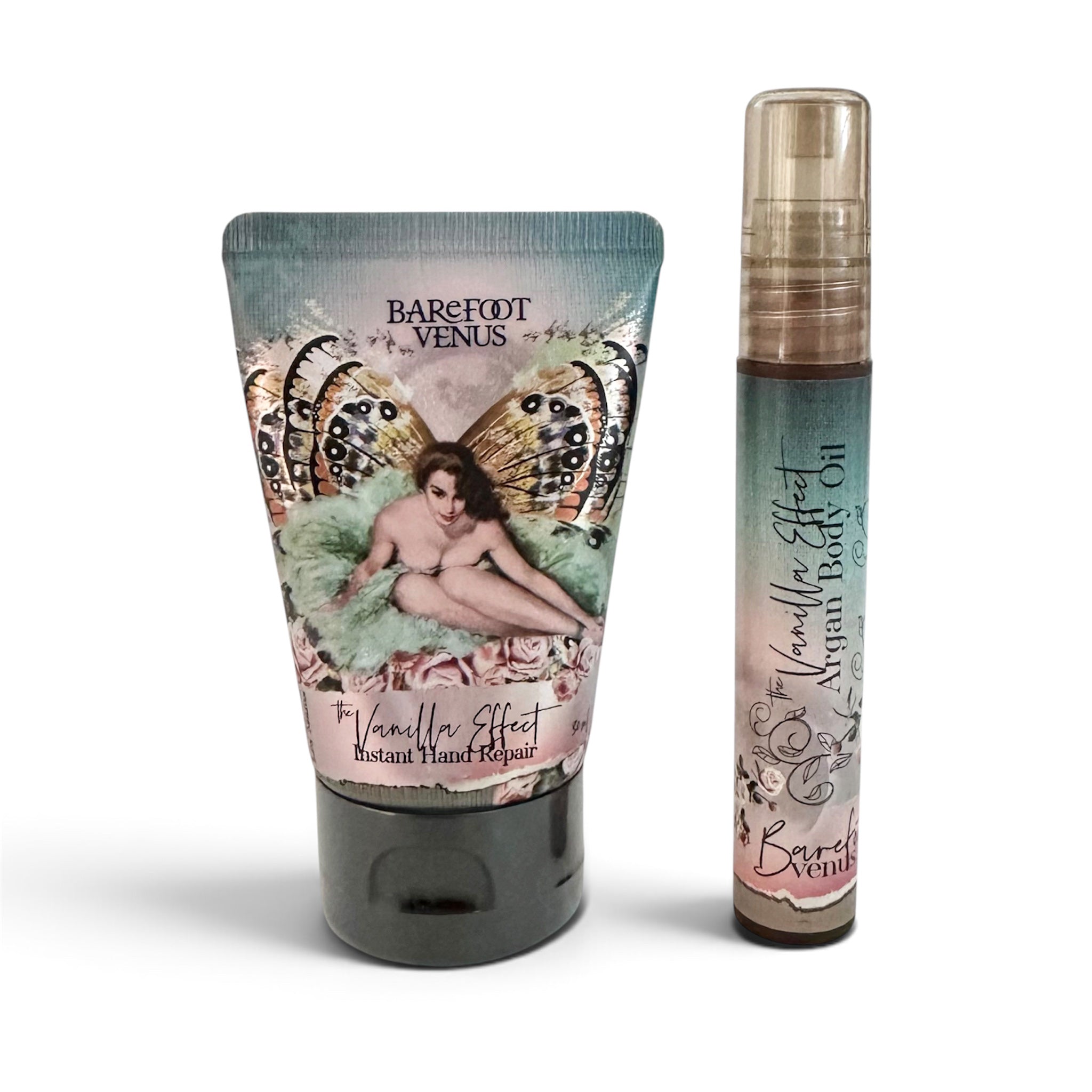 Barefoot Venus Vanilla Effect Instant Wand Recharge set, featuring a squeeze tube with a vintage-style illustration of a woman with butterfly wings and a matching atomizer spray bottle, on a white background.